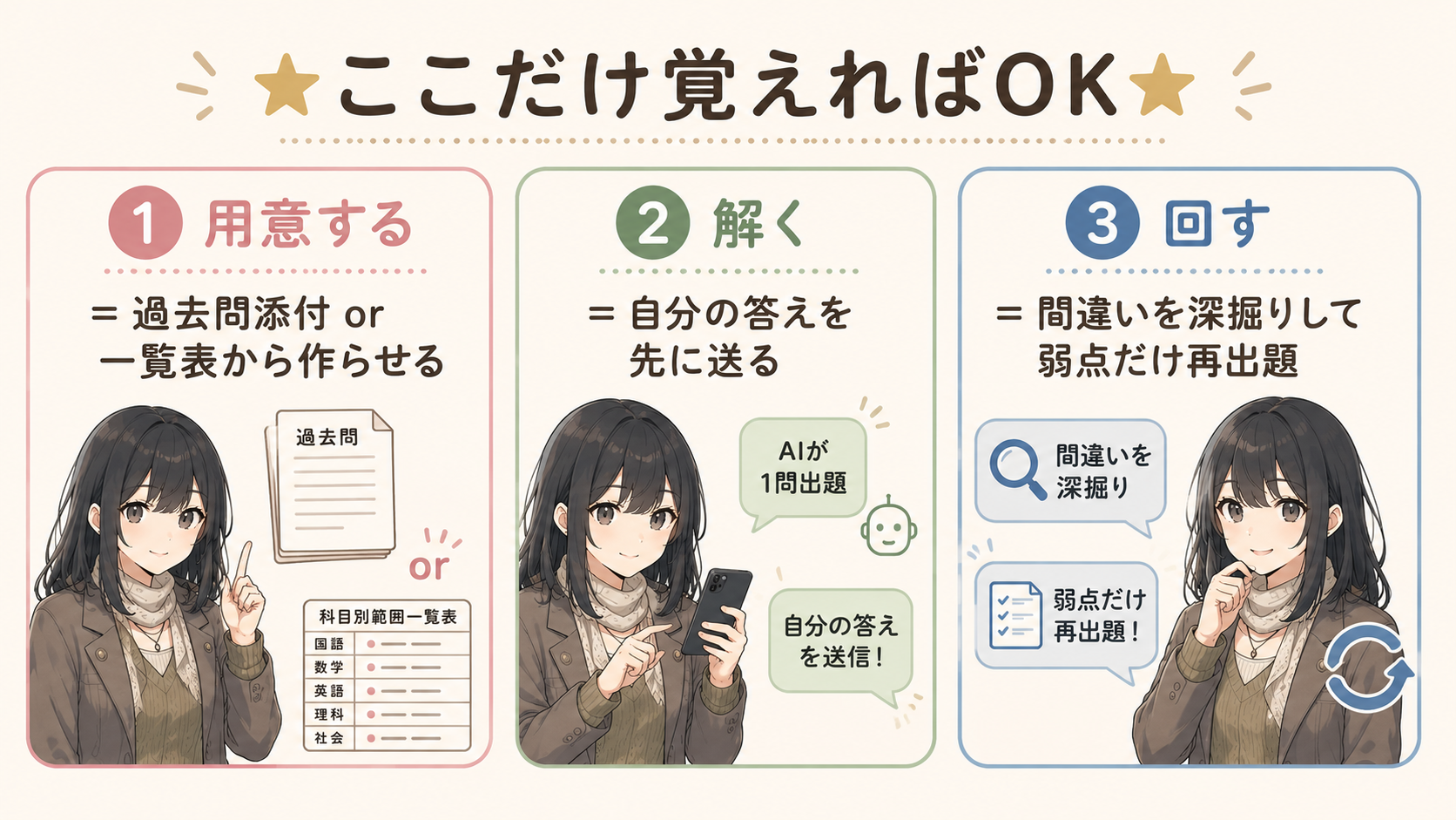 ①用意する＝過去問添付 or 一覧表から作らせる②解く＝自分の答えを先に送る③回す＝間違いを深掘りして弱点だけ再出題