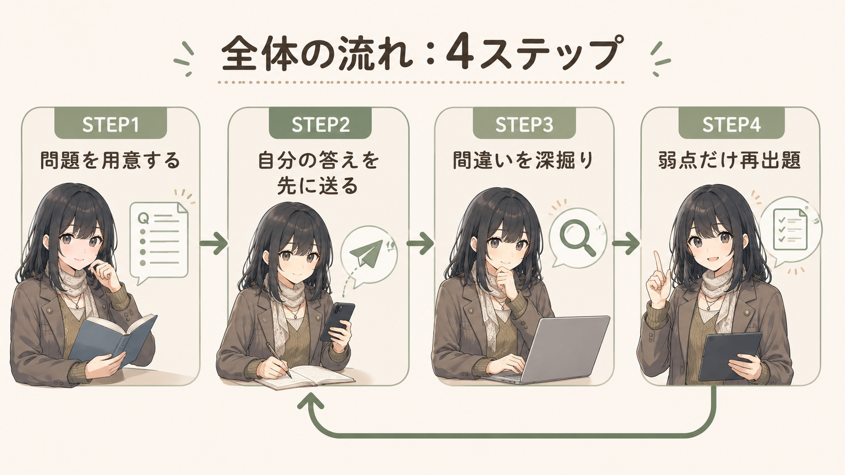 STEP1 問題を用意する→STEP2 自分の答えを先に送る→STEP3 間違いを深掘り→STEP4 弱点だけ再出題（STEP4からSTEP2へ循環）