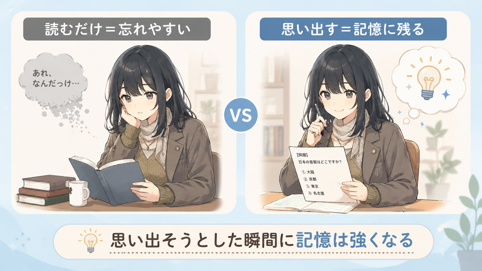 読むだけ＝忘れやすい／思い出す＝記憶に残る。思い出そうとした瞬間に記憶は強くなる