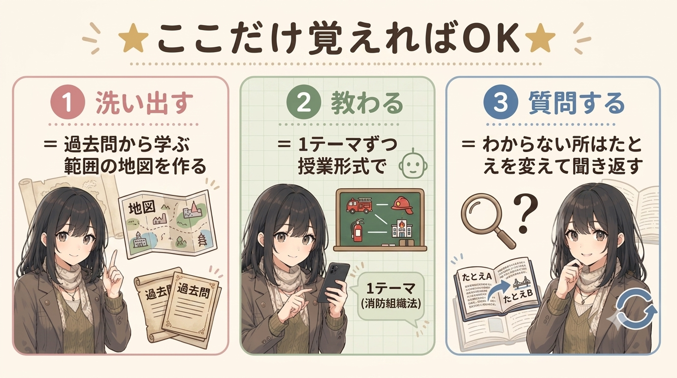 ①洗い出す＝過去問から学ぶ範囲の地図を作る②教わる＝1テーマずつ授業形式で③質問する＝わからない所はたとえを変えて聞き返す