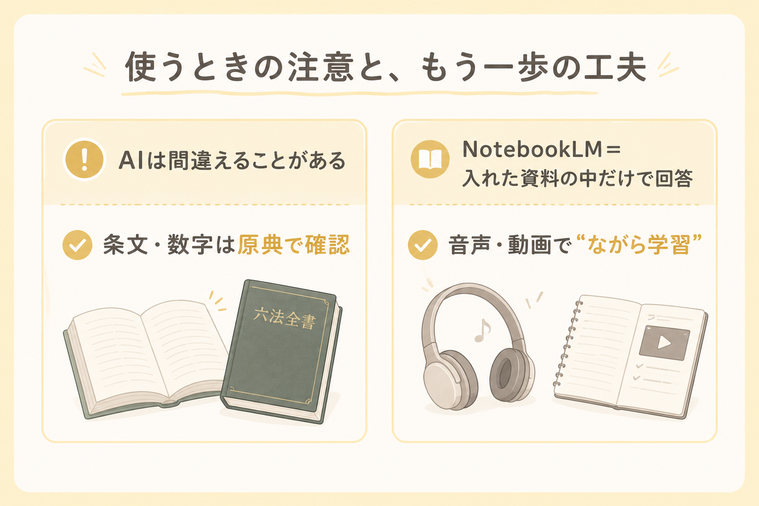 使うときの注意：AIは間違えることがある→条文・数字は原典で確認／NotebookLM＝入れた資料の中だけで回答・音声や動画でながら学習