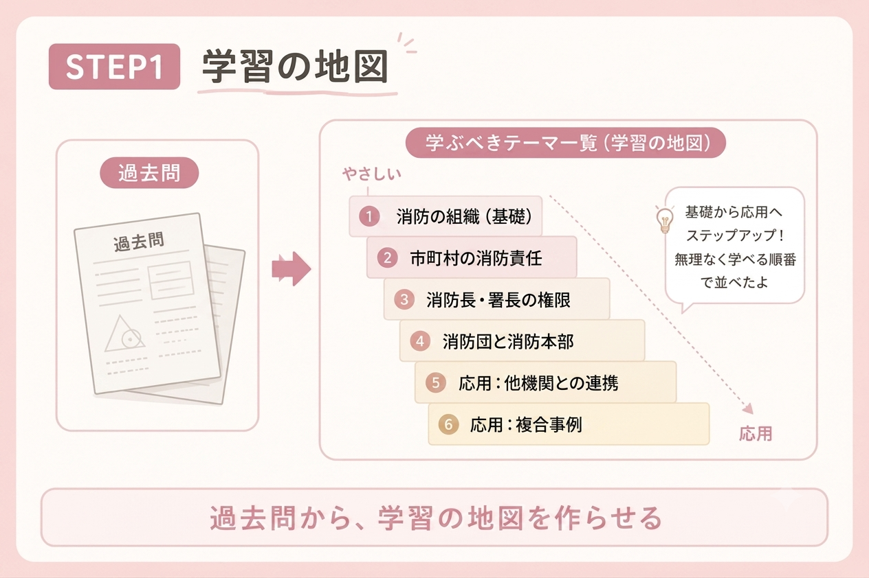 過去問から、学ぶべきテーマ一覧（学習の地図）を基礎から応用の順に作る図