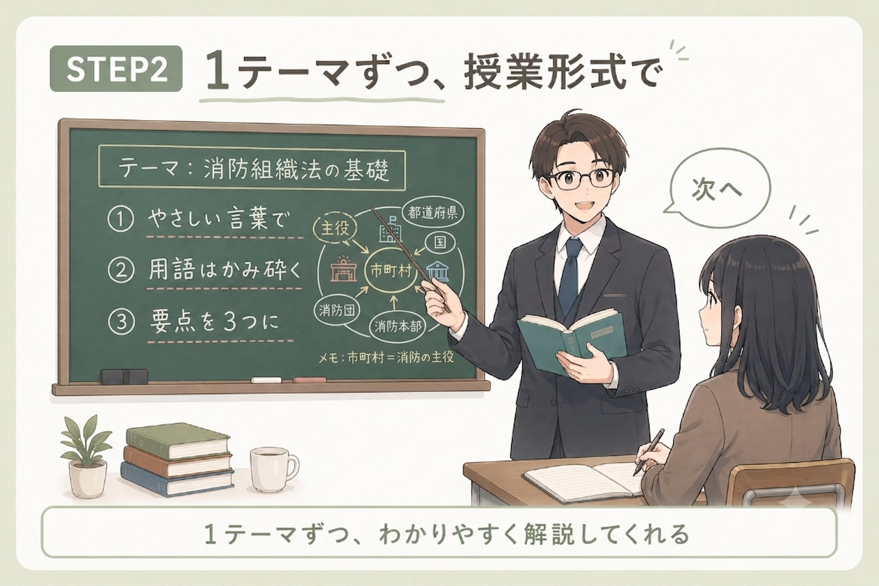 AI先生が黒板で「消防組織法の基礎」を、①やさしい言葉で②用語はかみ砕く③要点を3つに、と授業形式で教えている図