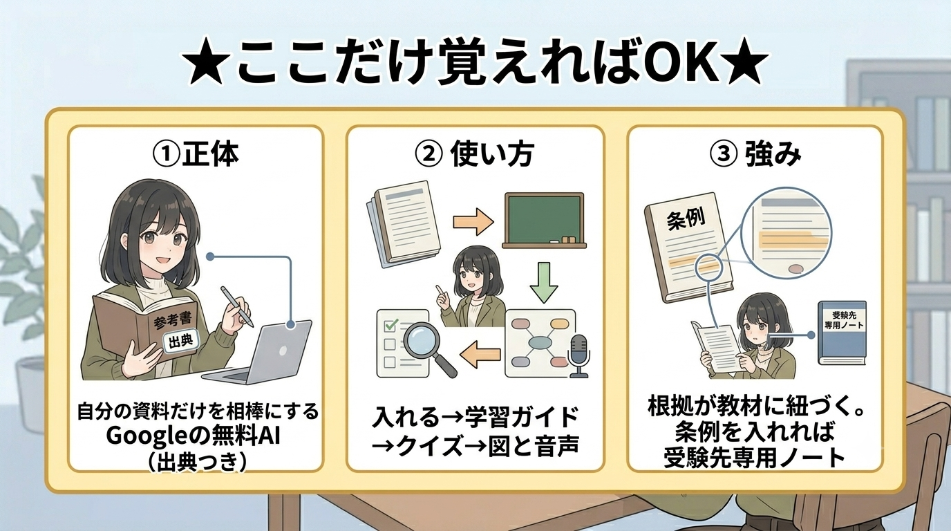 ①正体＝自分の資料だけを相棒にするGoogleの無料AI（出典つき）②使い方＝入れる→学習ガイド→クイズ→図と音声③強み＝根拠が教材に紐づく。条例を入れれば受験先専用ノート