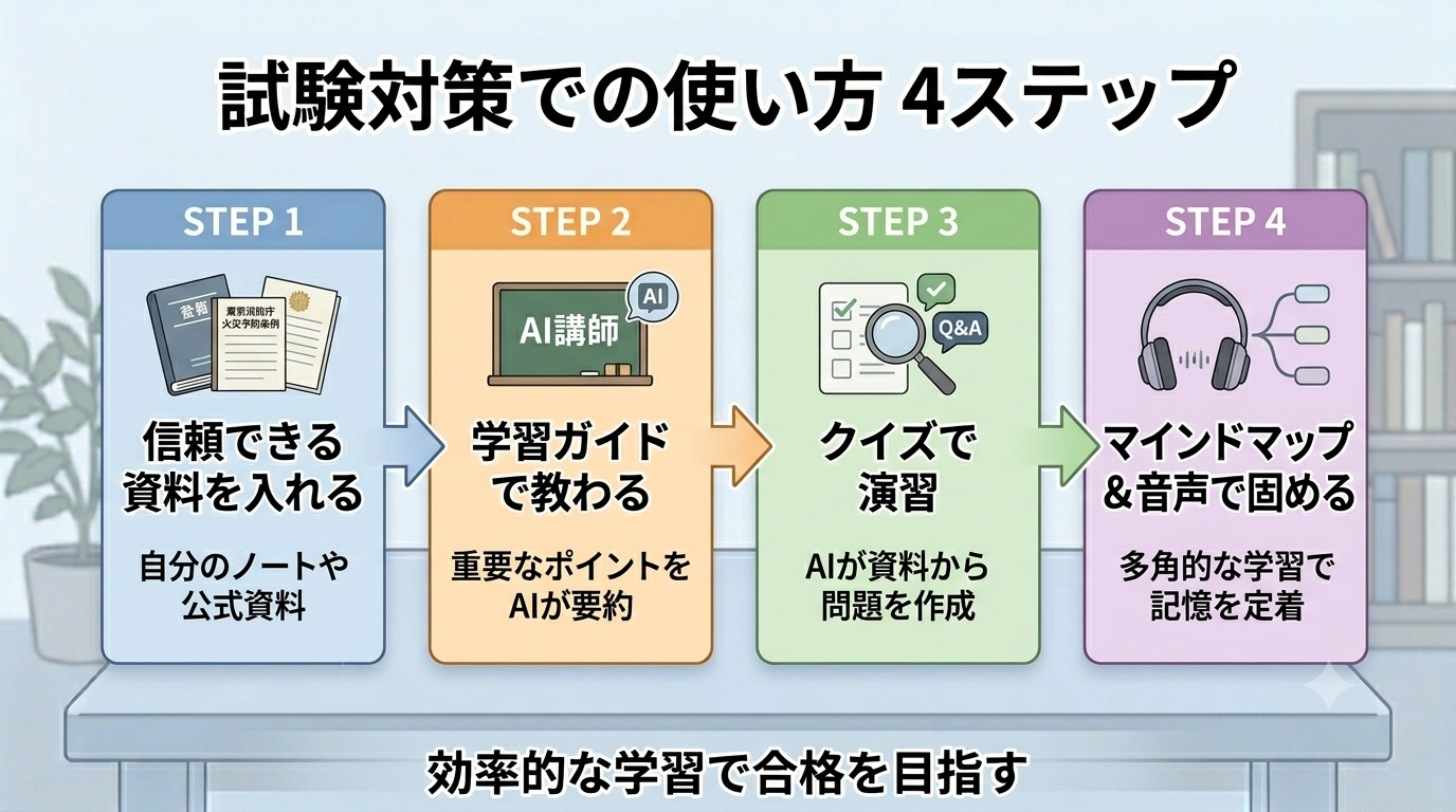 STEP1 信頼できる資料を入れる→STEP2 学習ガイドで教わる→STEP3 クイズで演習→STEP4 マインドマップ＆音声で固める