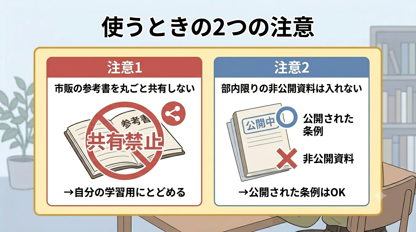 使うときの2つの注意：①市販の参考書を丸ごと共有しない→自分の学習用にとどめる ②部内限りの非公開資料は入れない→公開された条例はOK