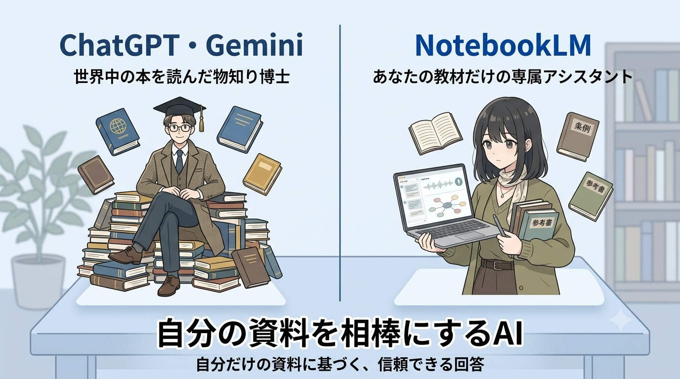 ChatGPT・Gemini＝世界中の本を読んだ物知り博士／NotebookLM＝あなたの教材だけの専属アシスタント。自分の資料を相棒にするAI