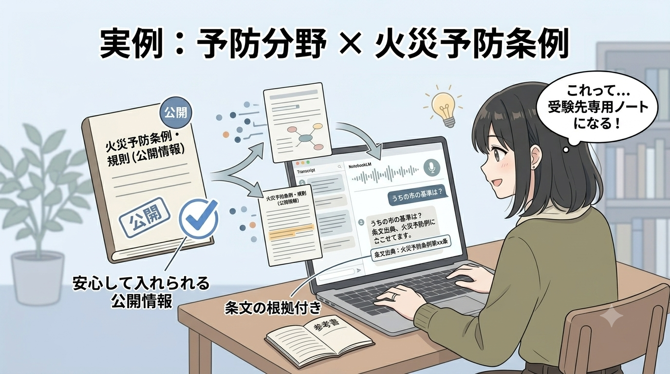 火災予防条例・規則（公開情報）をNotebookLMに入れ、うちの市の基準は？という質問に条文の出典つきで答える図。受験先専用ノートになる