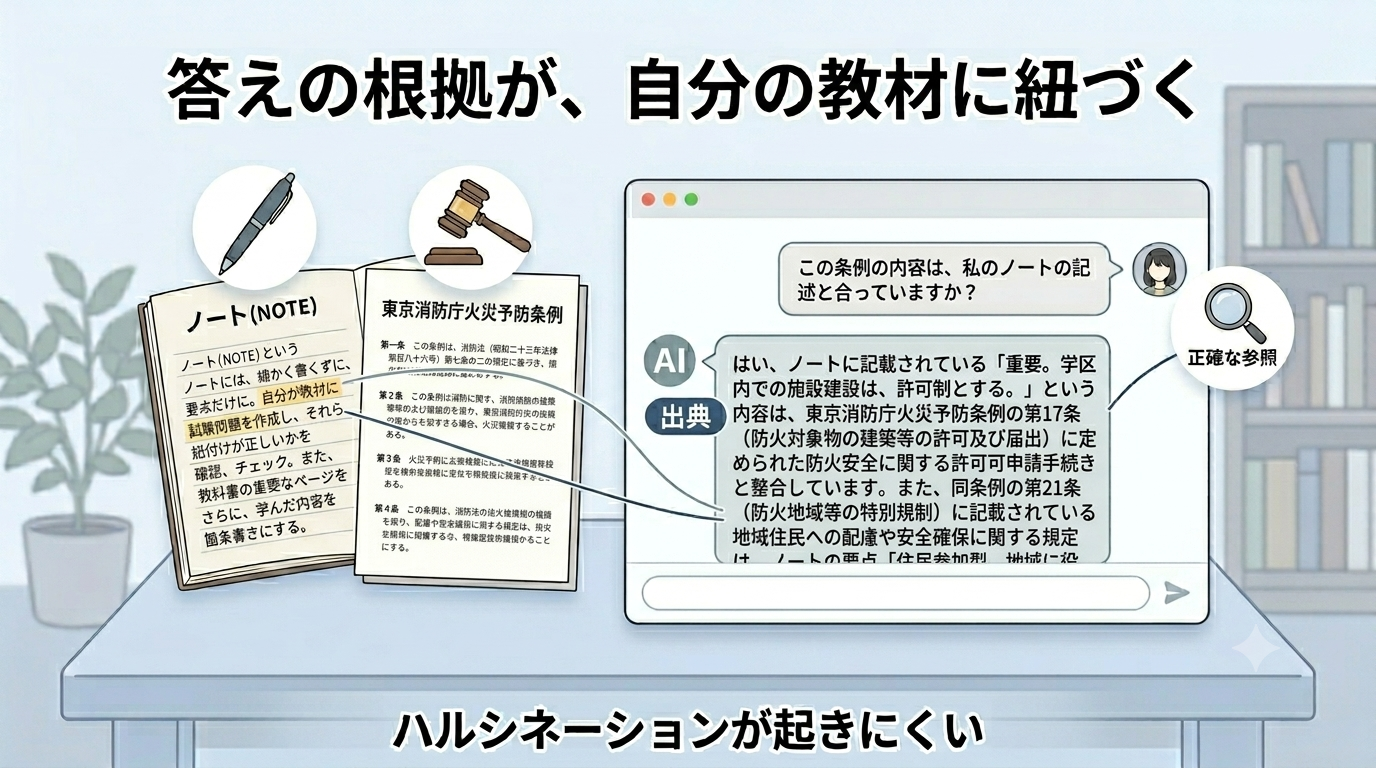 AIの回答に出典マークが付き、自分のノートや条例の該当箇所につながっている図。ハルシネーションが起きにくい