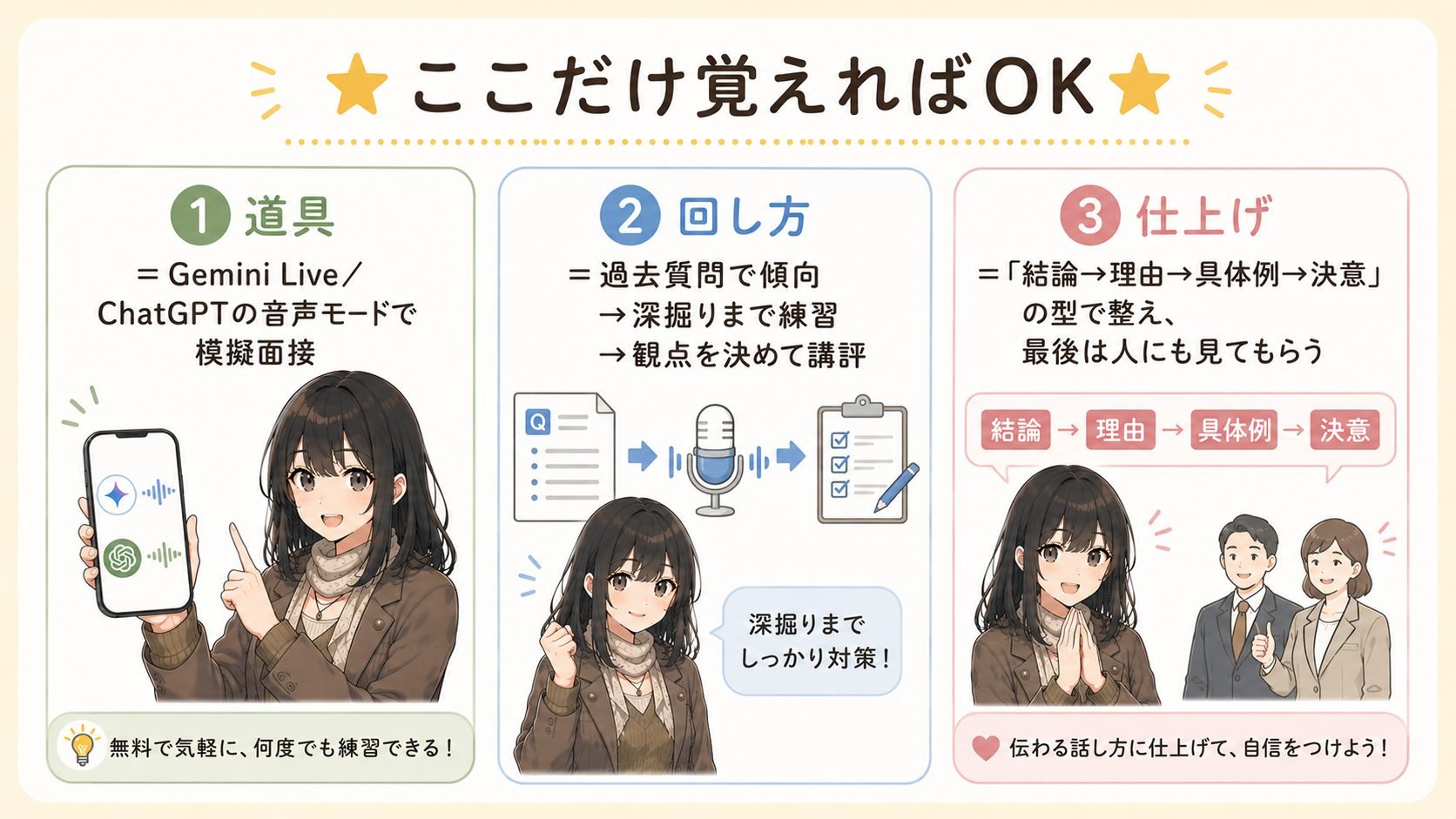 ①道具＝Gemini Live／ChatGPTの音声モードで模擬面接 ②回し方＝過去質問で傾向→深掘りまで練習→観点を決めて講評 ③仕上げ＝結論→理由→具体例→決意の型で整え、最後は人にも見てもらう