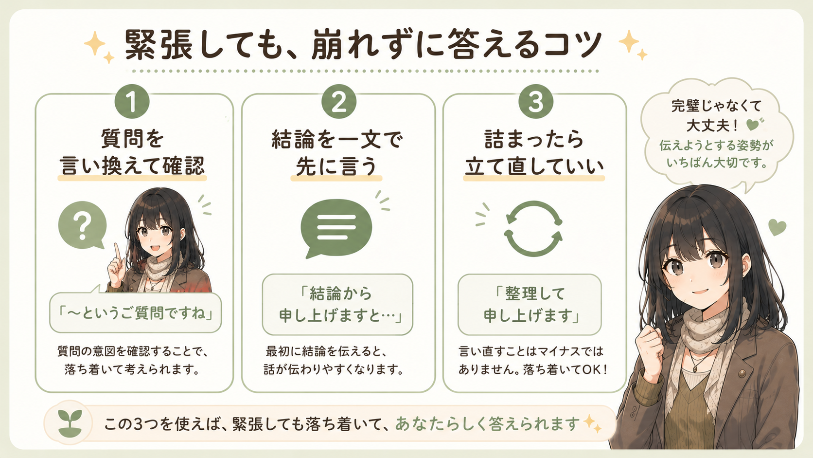 緊張しても崩れずに答えるコツ3つ：①質問を言い換えて確認 ②結論を一文で先に言う ③詰まったら立て直していい。完璧じゃなくて大丈夫、伝えようとする姿勢が大切