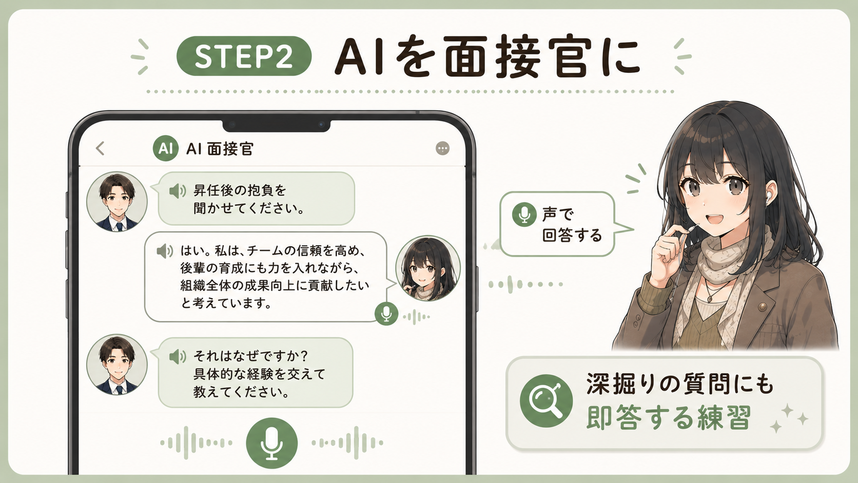 AI面接官が「昇任後の抱負を聞かせてください」と質問→声で回答→「それはなぜですか？具体的には？」と深掘りする流れ。深掘りの質問にも即答する練習