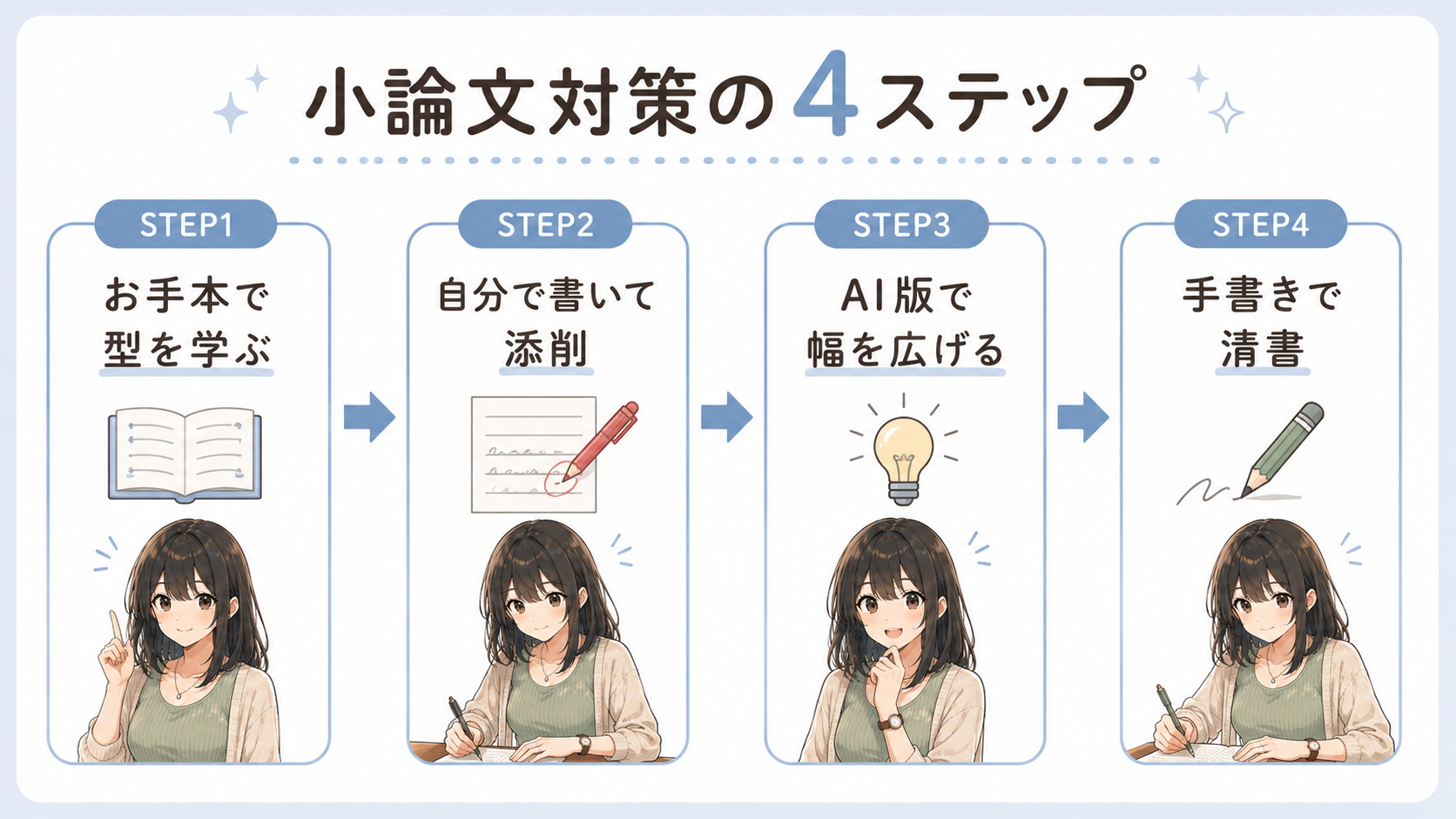 STEP1 お手本で型を学ぶ→STEP2 自分で書いて添削→STEP3 AI版で幅を広げる→STEP4 手書きで清書