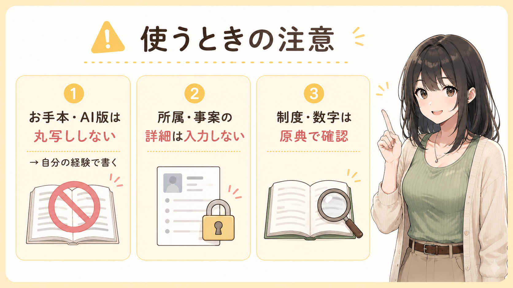 使うときの注意3つ：①お手本・AI版は丸写ししない→自分の経験で書く ②所属・事案の詳細は入力しない ③制度・数字は原典で確認