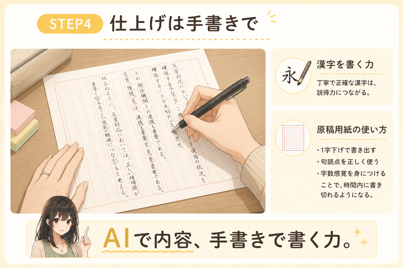 添削して仕上げた文章を原稿用紙にペンで手書きする手元。漢字を書く力、原稿用紙の使い方（1字下げ・句読点・字数感覚）が身につく。AIで内容、手書きで書く力