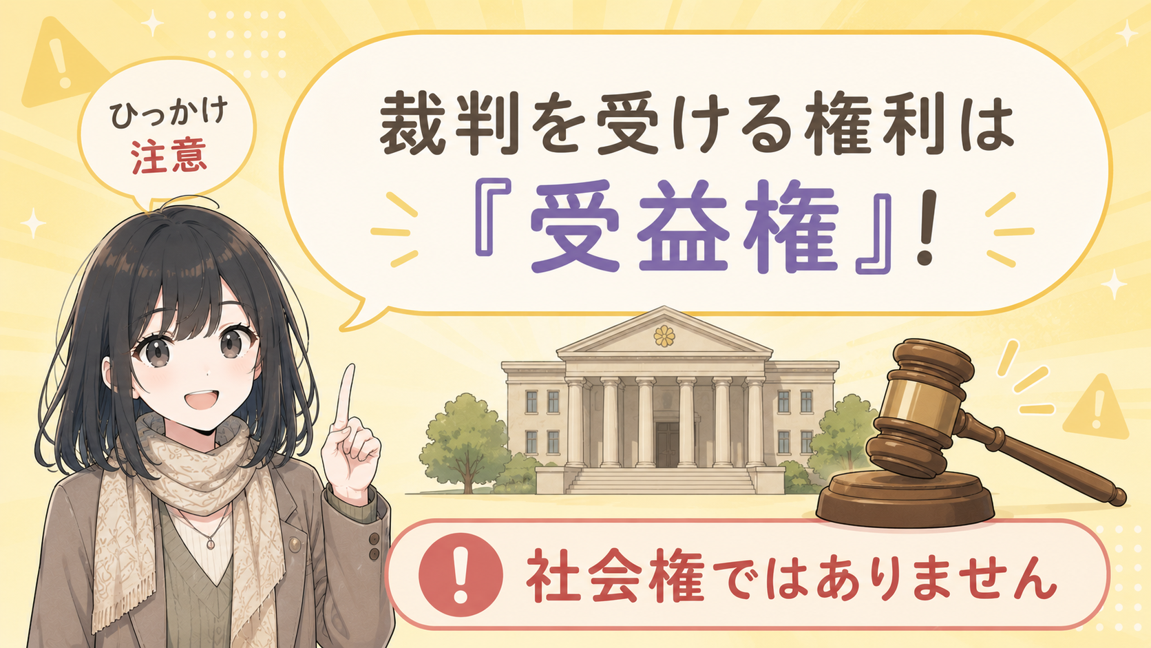 ひっかけ注意：裁判を受ける権利は『受益権』。社会権ではありません