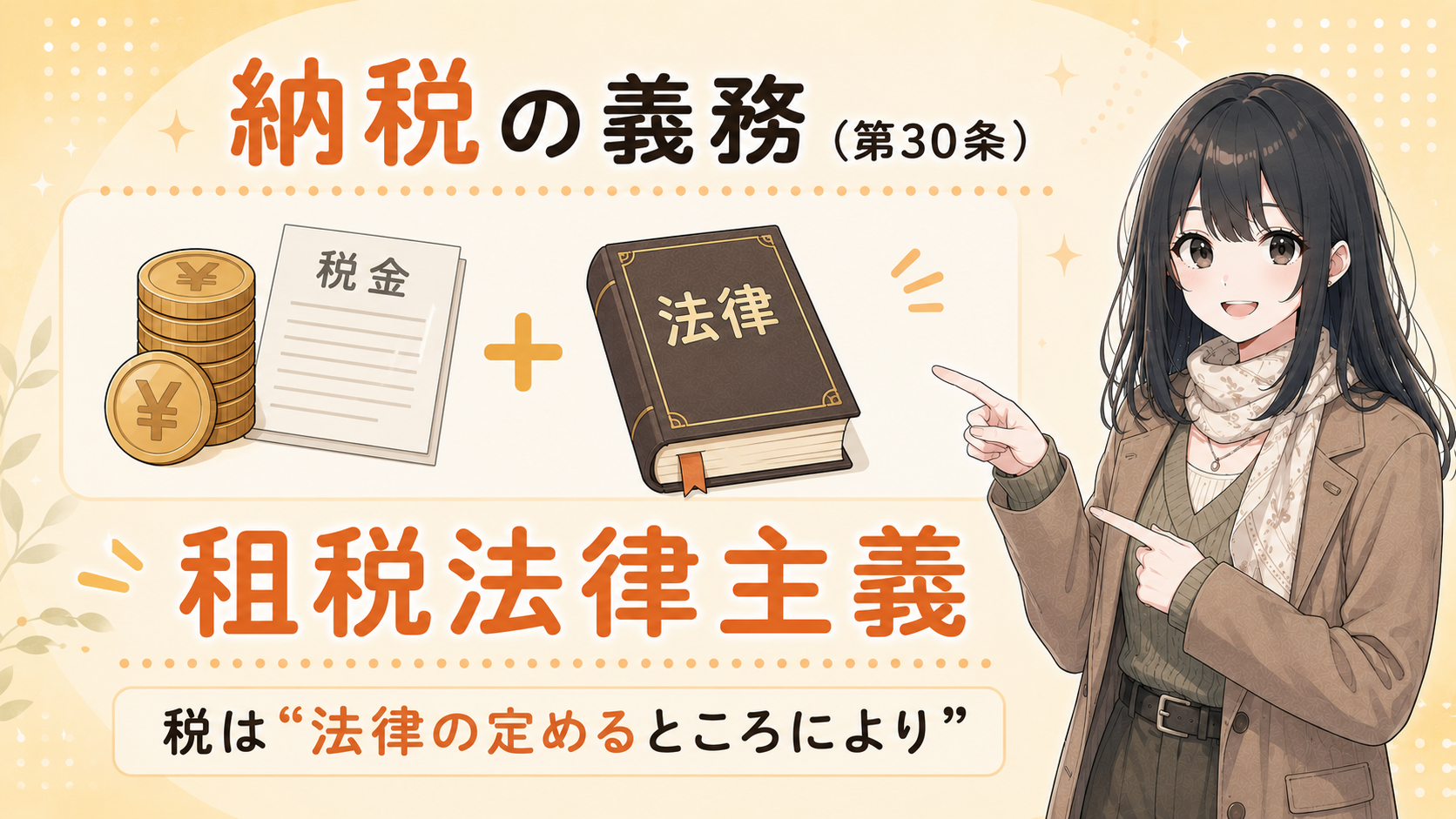 納税の義務（第30条）：租税法律主義。税は法律の定めるところにより