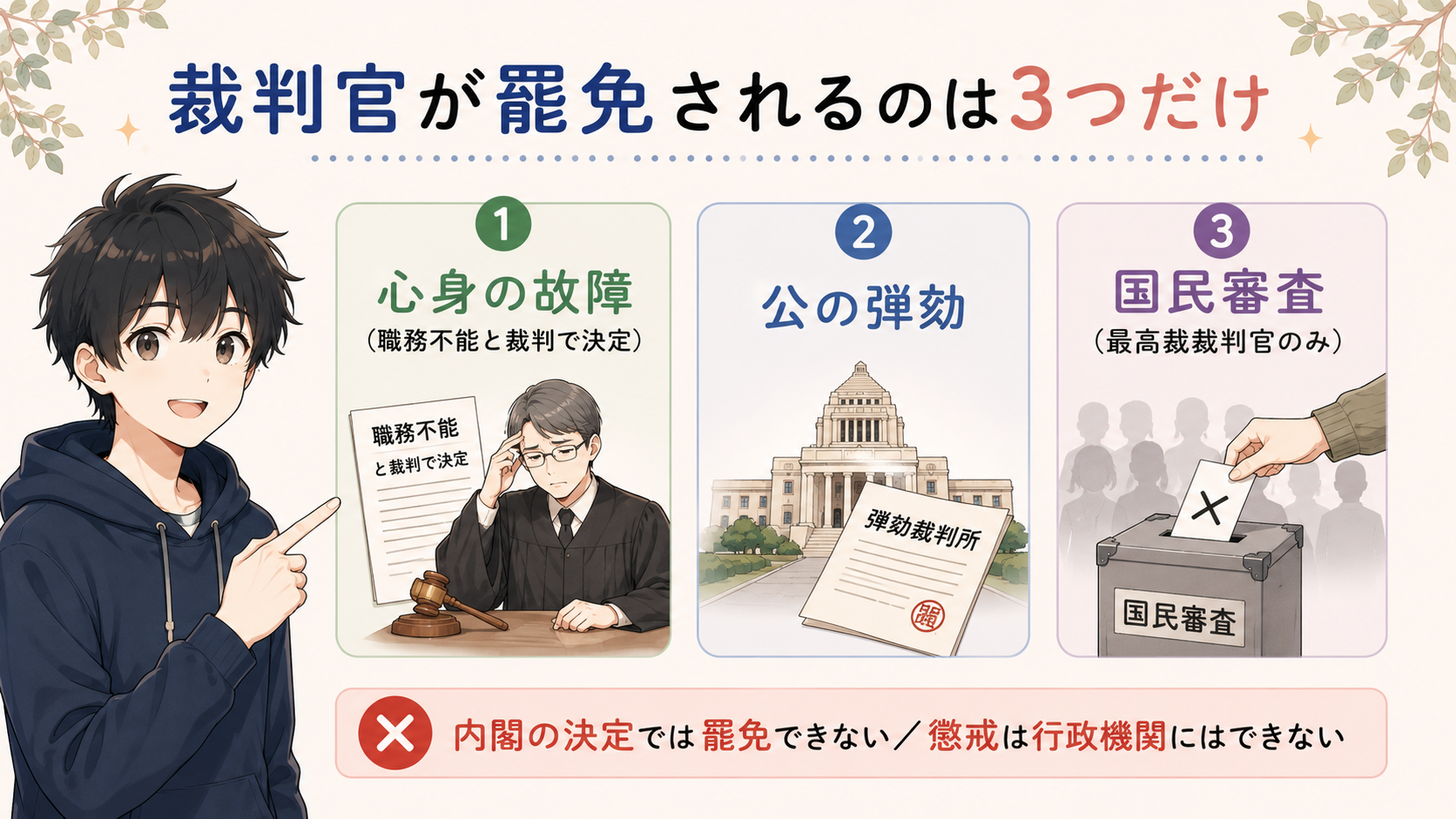 裁判官が罷免されるのは3つだけ：①心身の故障（職務不能と裁判で決定）②公の弾劾③国民審査（最高裁裁判官のみ）。内閣の決定では罷免できない／懲戒は行政機関にはできない