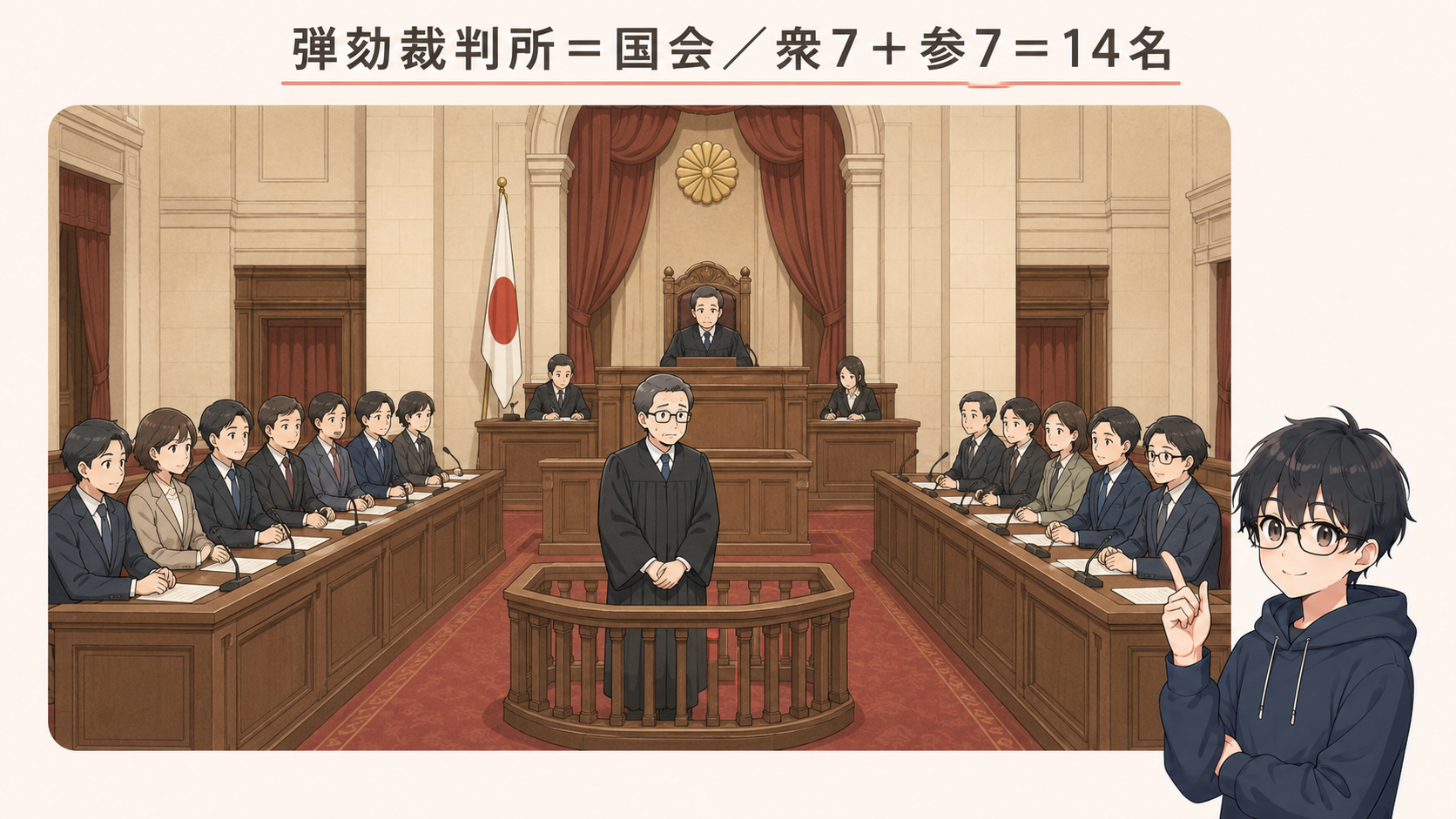 弾劾裁判所は国会に置かれ、衆議院7名・参議院7名の計14名の議員が、罷免の訴追を受けた裁判官を裁く