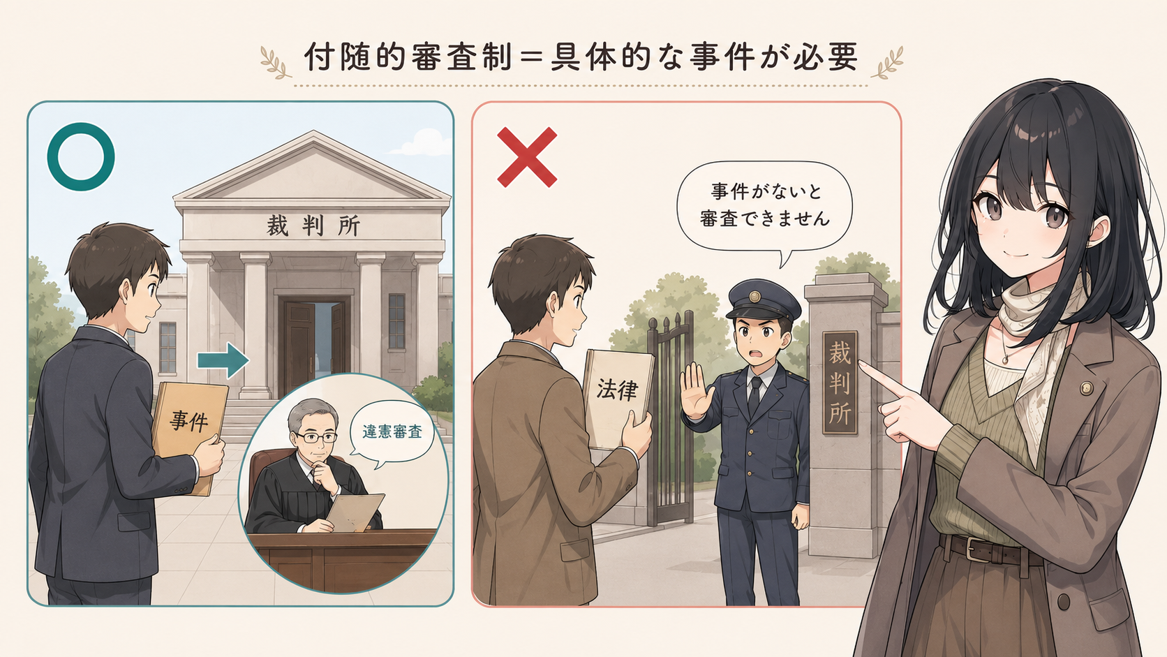 付随的審査制：具体的な事件があれば憲法判断ができる（○）。事件がなく法律だけを持ち込んでも審査されない（✕）