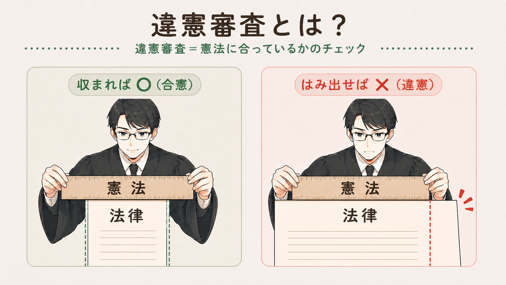 違憲審査とは、憲法というものさしに法律が収まっているかを測ること。収まれば合憲、はみ出せば違憲