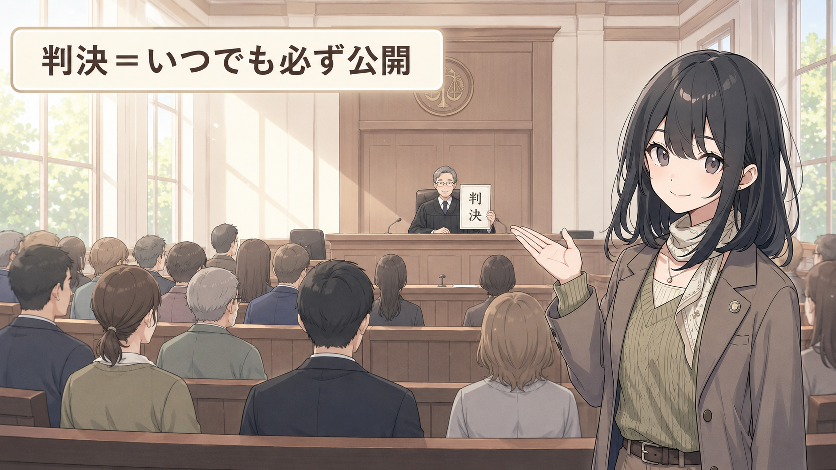 判決は、明るく開かれた法廷で言い渡され、傍聴席に多くの人が座って見ている。いつでも必ず公開