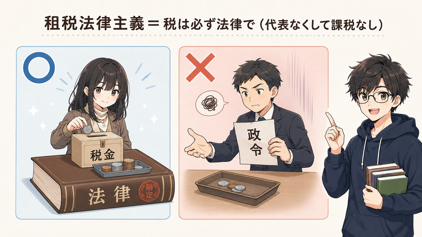 租税法律主義：法律を土台にして税金を集めるのは合憲（○）。法律ぬきで政令だけで税を取るのはできない（✕）