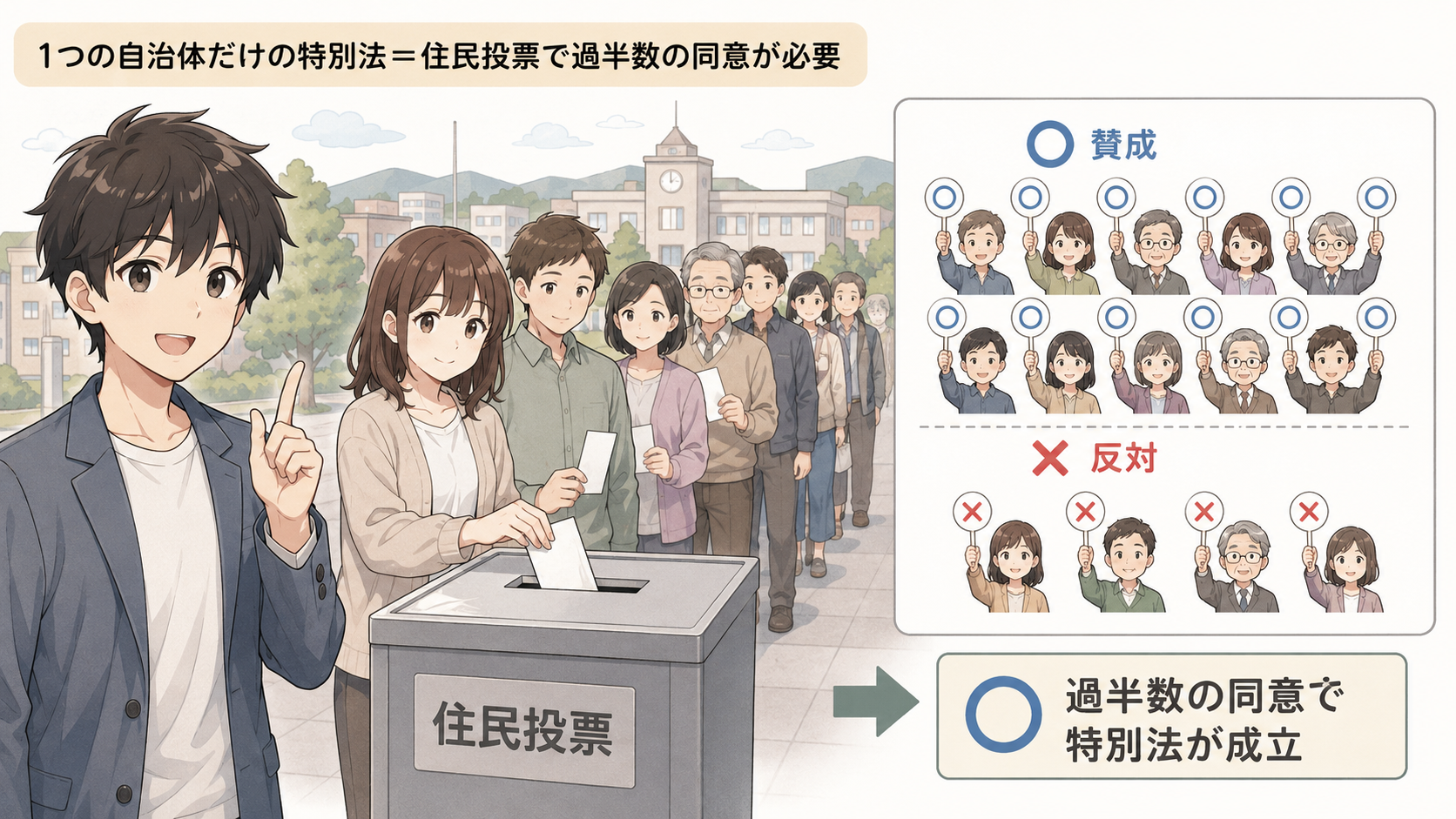 1つの地方公共団体だけに適用される特別法は、その地方の住民投票で過半数の同意を得なければ成立しない