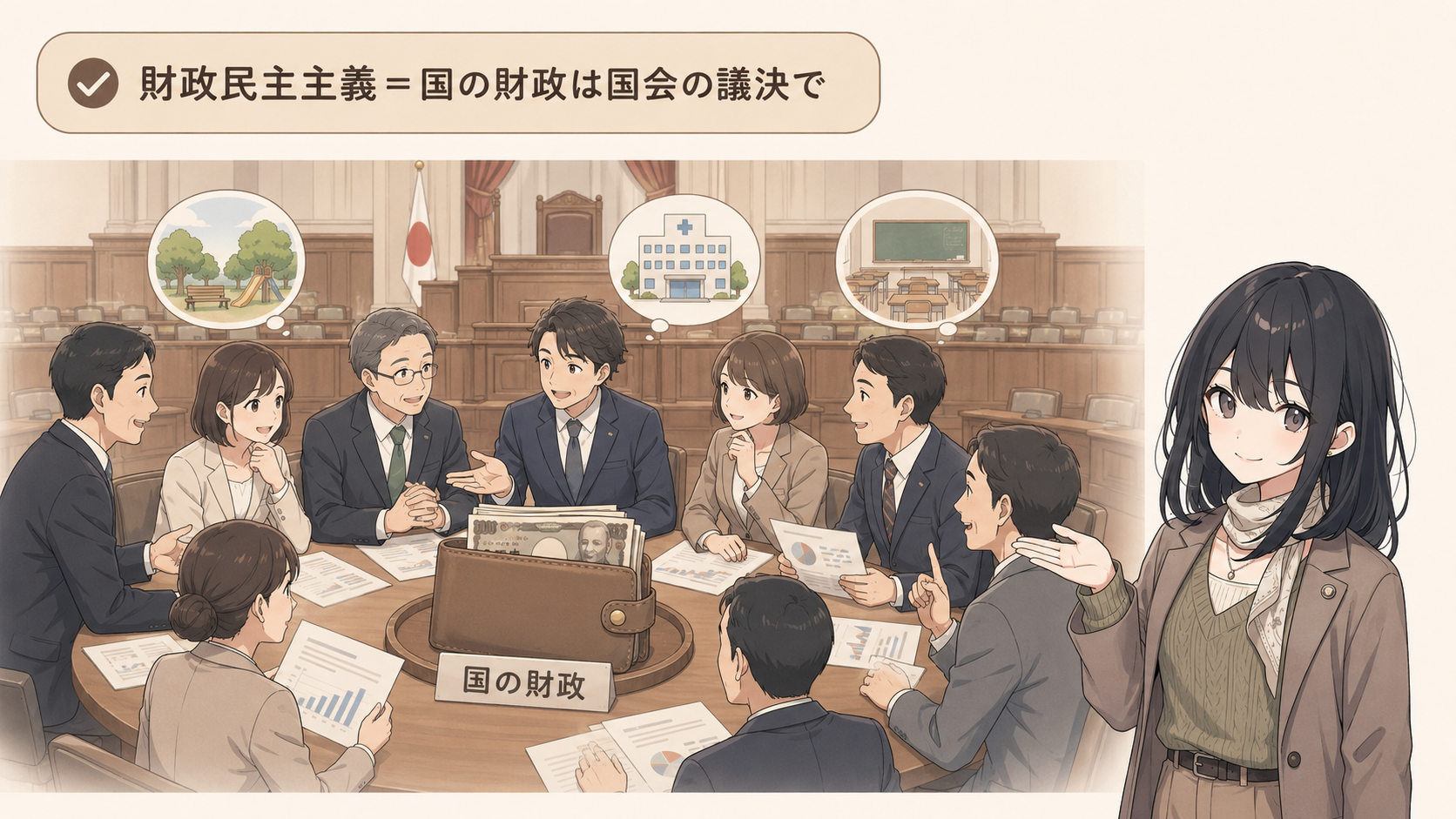 財政民主主義：国の財政の使い道を、国会で国民の代表が話し合って議決で決める