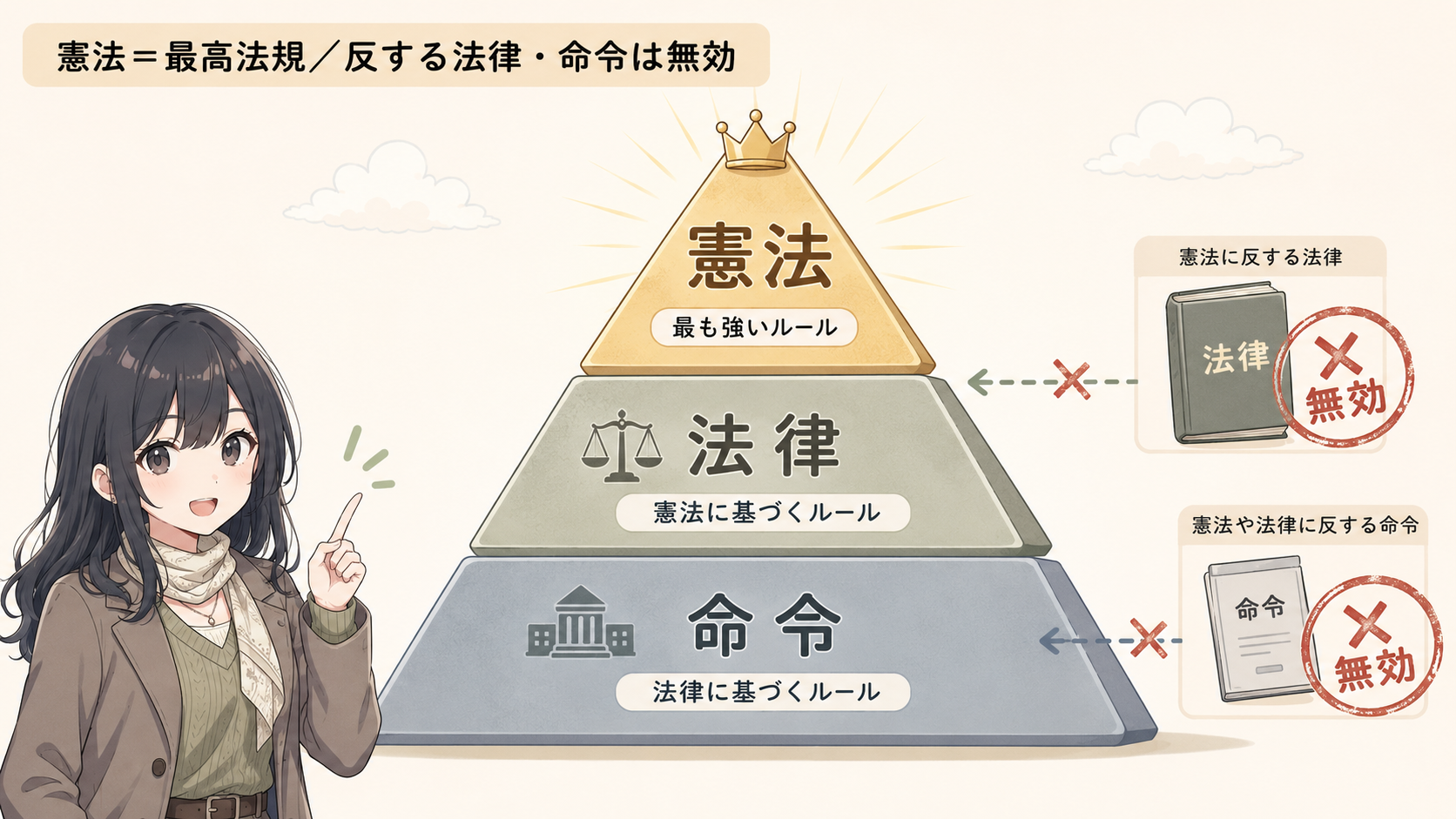 憲法を頂点に、法律・命令と段になったピラミッド。憲法に反する法律・命令は無効
