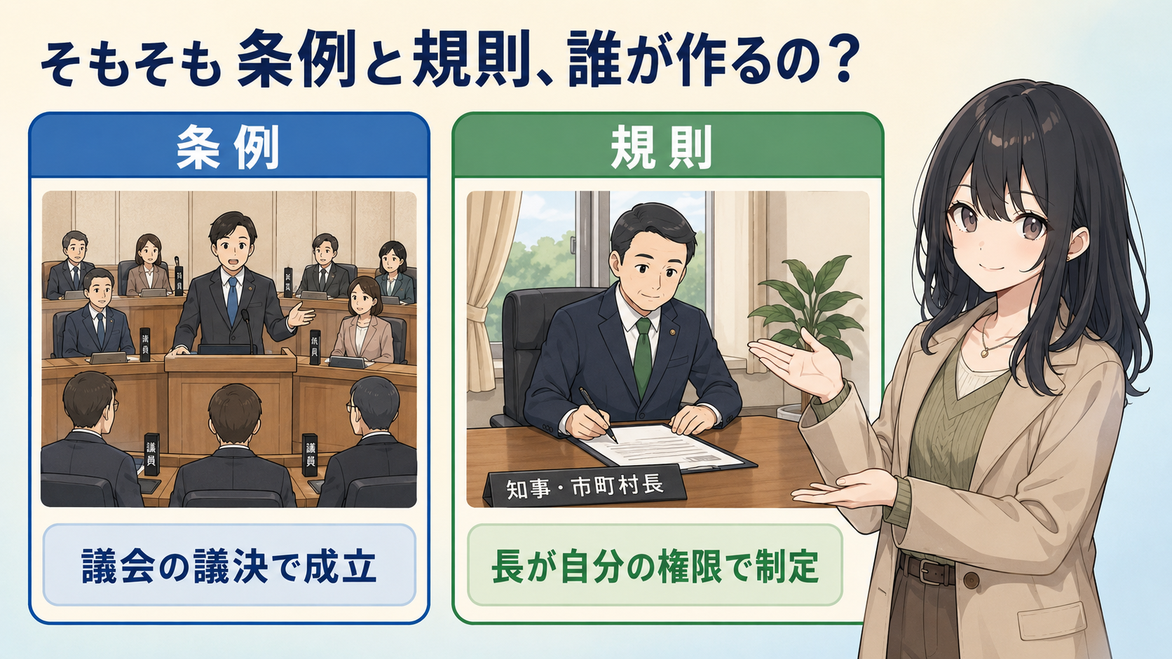 そもそも条例と規則、誰が作るの？条例は議会の議決で成立、規則は長が自分の権限で制定