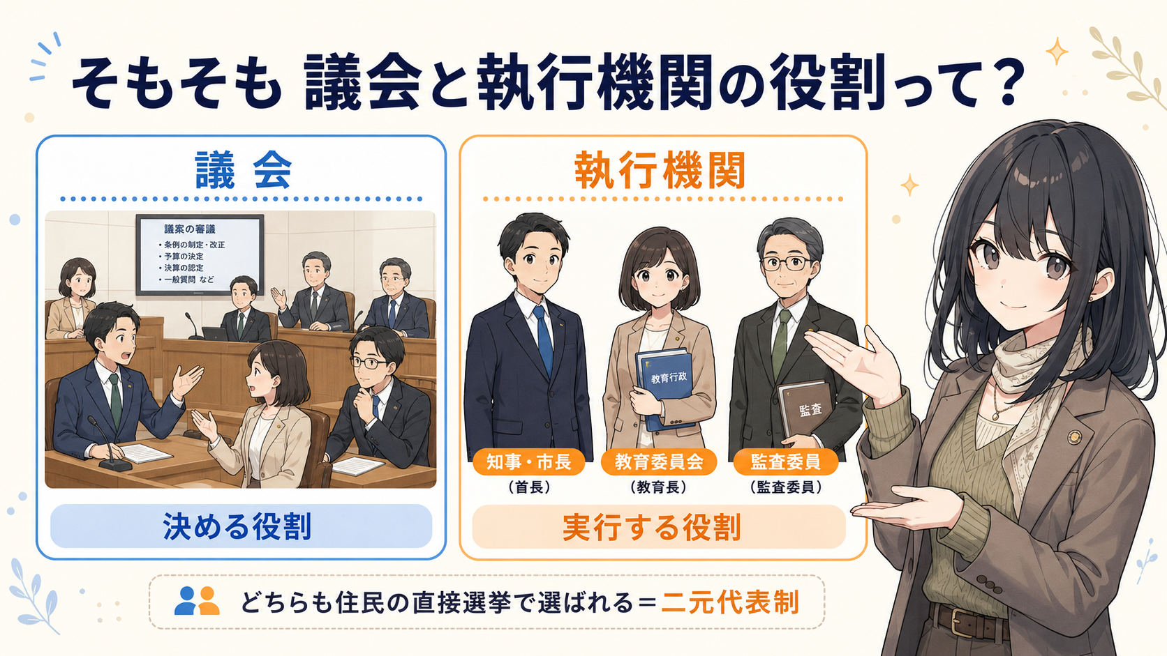 そもそも議会と執行機関の役割って？議会は決める役割、執行機関（知事・市長、教育委員会、監査委員など）は実行する役割。どちらも住民の直接選挙で選ばれる＝二元代表制