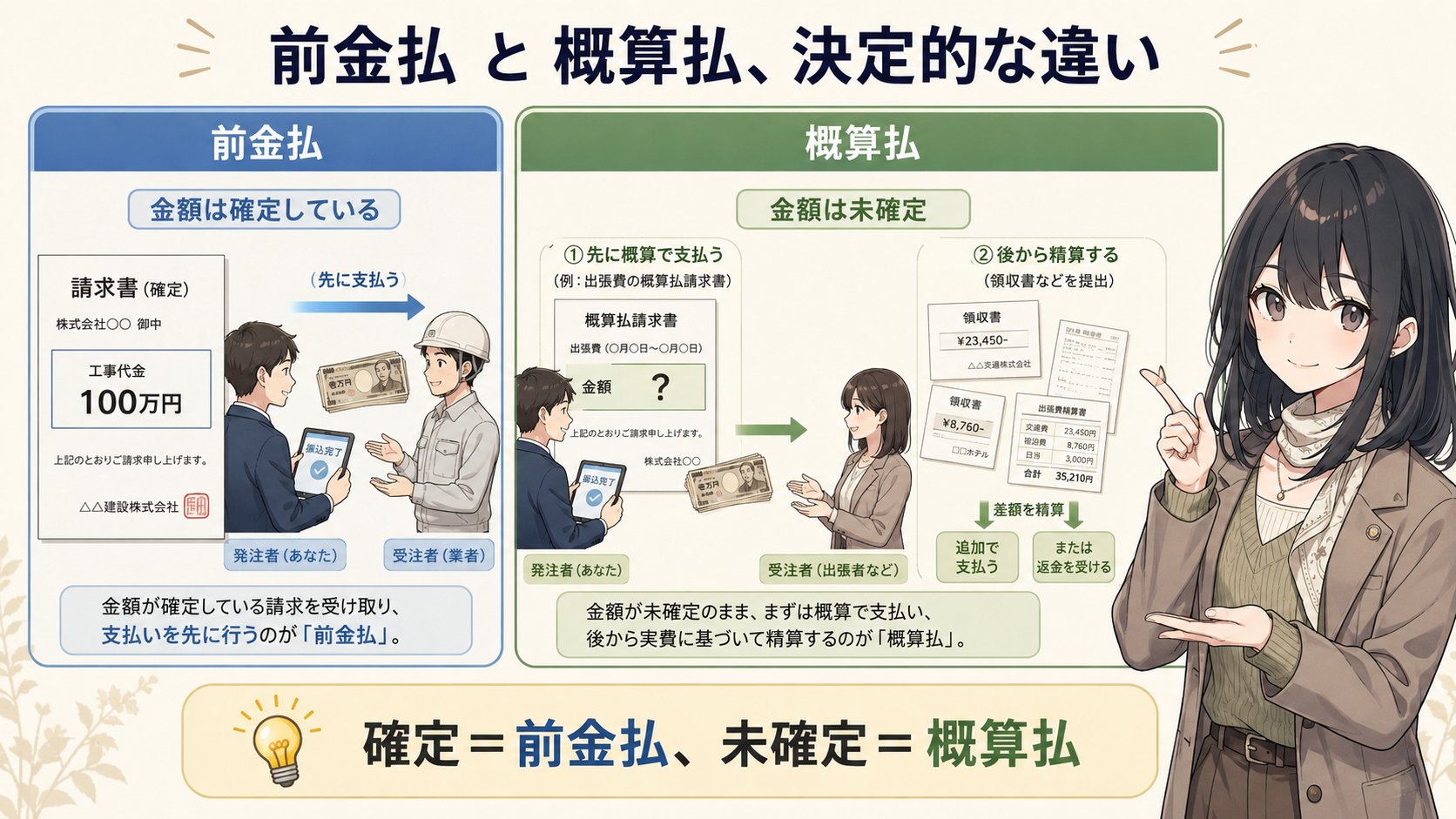 前金払と概算払、決定的な違い。前金払＝金額は確定している（例：工事代金100万円を先に支払う）。概算払＝金額は未確定のまま、まずは概算で支払い、後から実費に基づいて精算する（例：出張費）