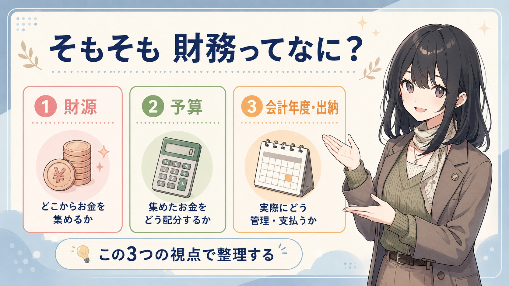 そもそも財務ってなに？①財源＝どこからお金を集めるか、②予算＝集めたお金をどう配分するか、③会計年度・出納＝実際にどう管理・支払うか。この3つの視点で整理する
