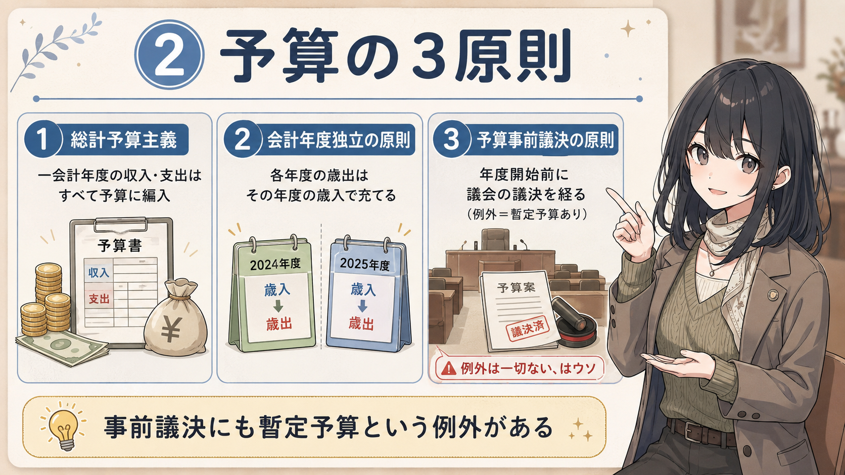 予算の3原則。①総計予算主義＝一会計年度の収入・支出はすべて予算に編入、②会計年度独立の原則＝各年度の歳出はその年度の歳入で充てる、③予算事前議決の原則＝年度開始前に議会の議決を経る（例外＝暫定予算あり）