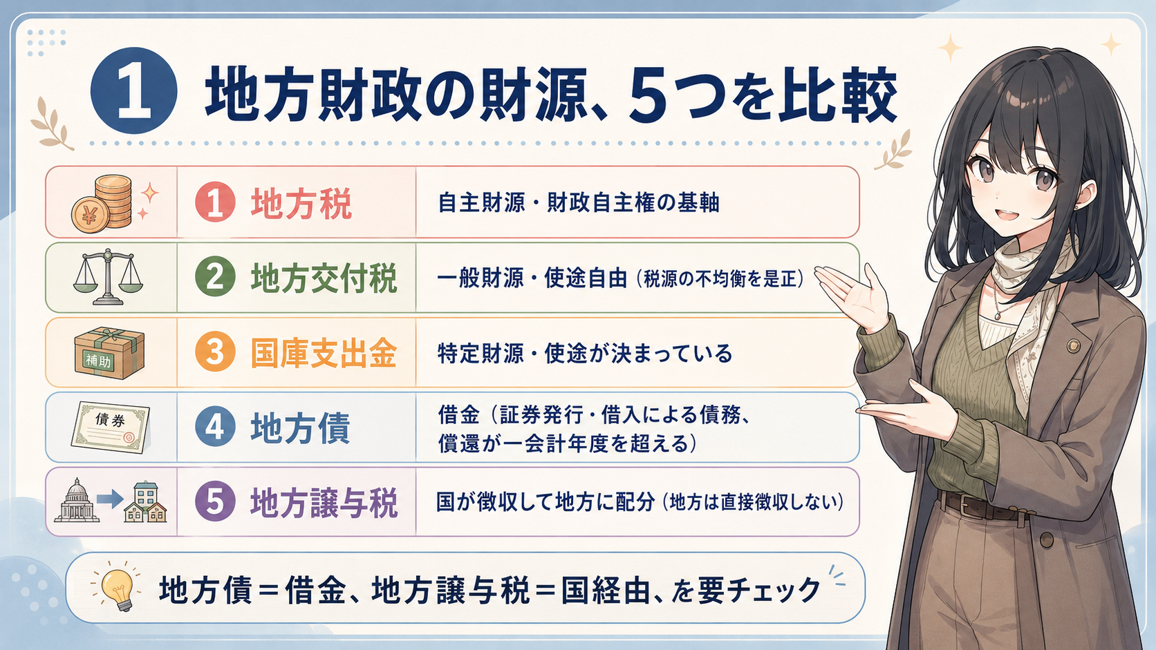 地方財政の財源5つを比較。地方税＝自主財源・財政自主権の基軸、地方交付税＝一般財源・使途自由、国庫支出金＝特定財源・使途が決まっている、地方債＝借金（証券発行・借入による債務、償還が一会計年度を超える）、地方譲与税＝国が徴収して地方に配分