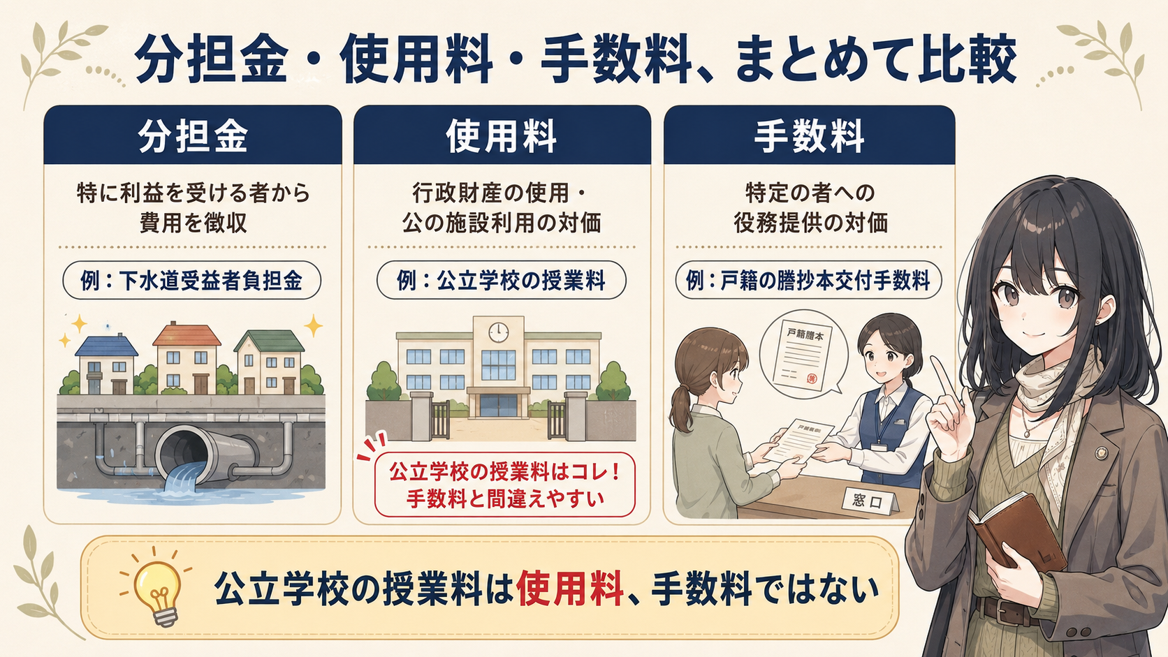 分担金・使用料・手数料、まとめて比較。分担金＝特に利益を受ける者から費用を徴収（例：下水道受益者負担金）。使用料＝行政財産の使用・公の施設利用の対価（例：公立学校の授業料）。手数料＝特定の者への役務提供の対価（例：戸籍の謄抄本交付手数料）。公立学校の授業料は使用料、手数料ではない