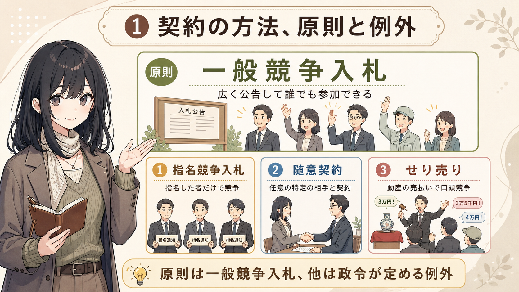 契約の方法、原則と例外。原則＝一般競争入札（広く公告して誰でも参加できる）。例外＝①指名競争入札（指名した者だけで競争）、②随意契約（任意の特定の相手と契約）、③せり売り（動産の売払いで口頭競争）