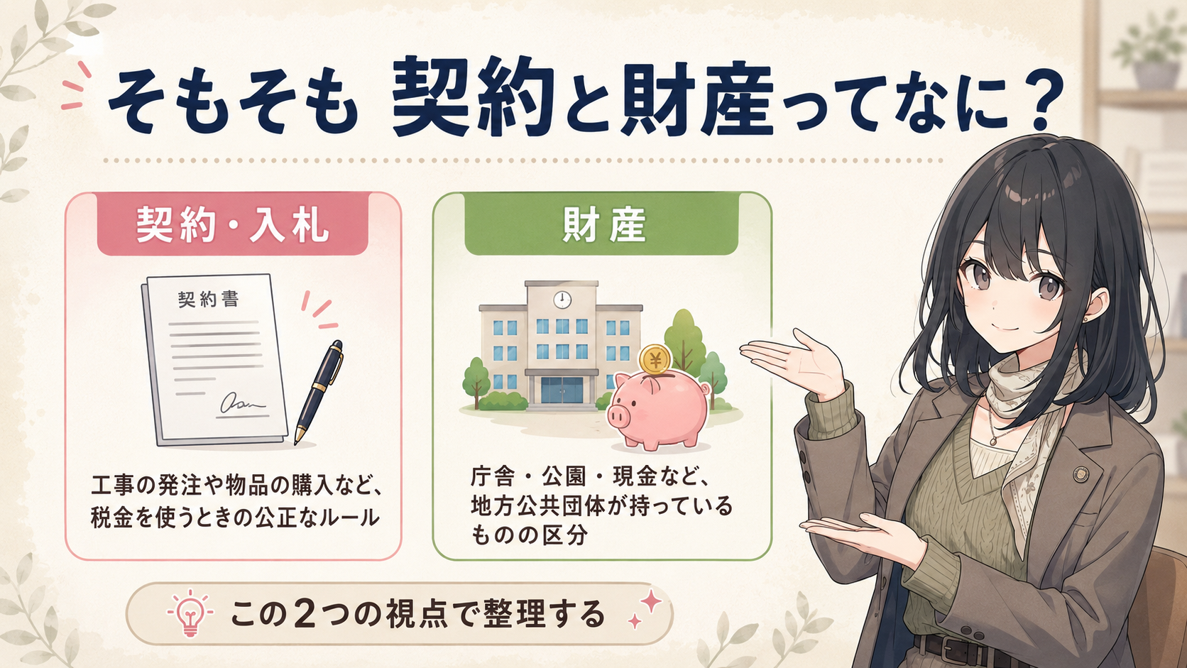 そもそも契約と財産ってなに？契約・入札＝工事の発注や物品の購入など、税金を使うときの公正なルール。財産＝庁舎・公園・現金など、地方公共団体が持っているものの区分。この2つの視点で整理する