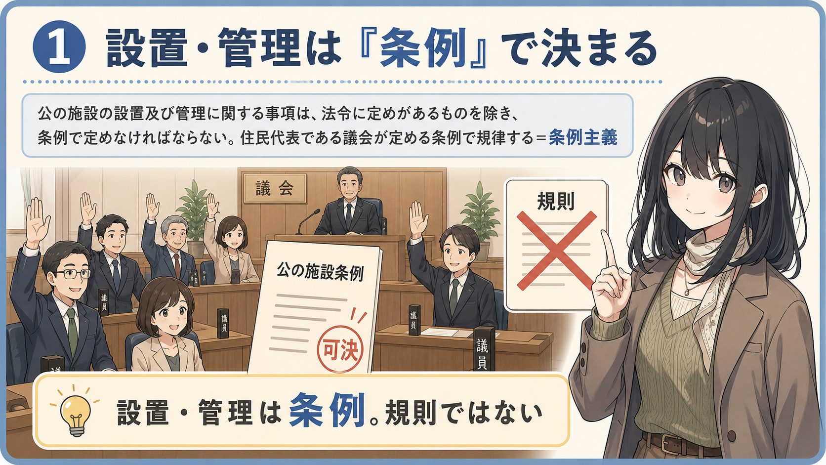 設置・管理は条例で決まる。公の施設の設置及び管理に関する事項は、法令に定めがあるものを除き、条例で定めなければならない。住民代表である議会が定める条例で規律する＝条例主義。設置・管理は条例。規則ではない