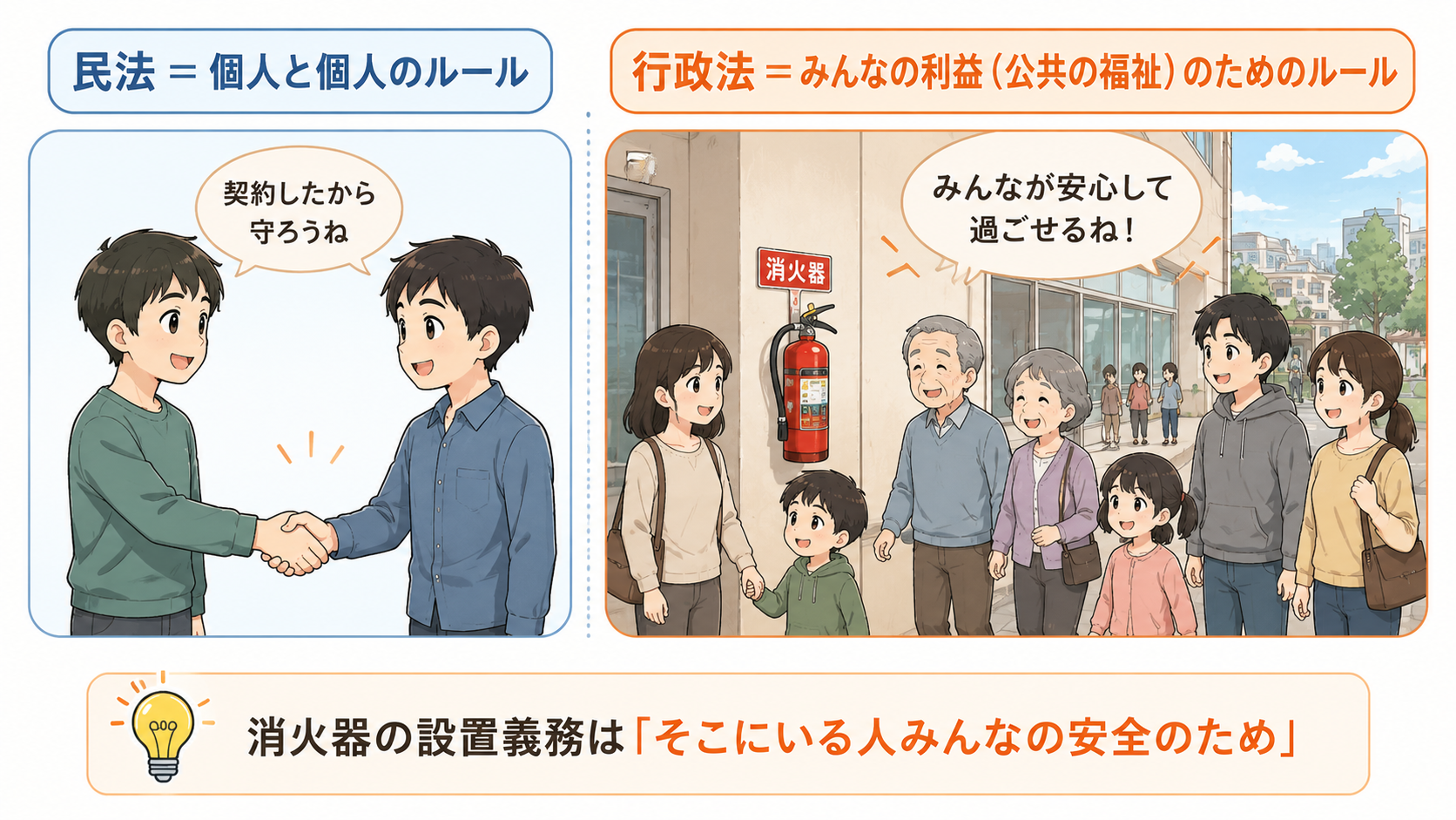 性質②公共の福祉。民法＝個人と個人のルール（契約したから守ろうね）。行政法＝みんなの利益（公共の福祉）のためのルール。消火器の設置義務はそこにいる人みんなの安全のため