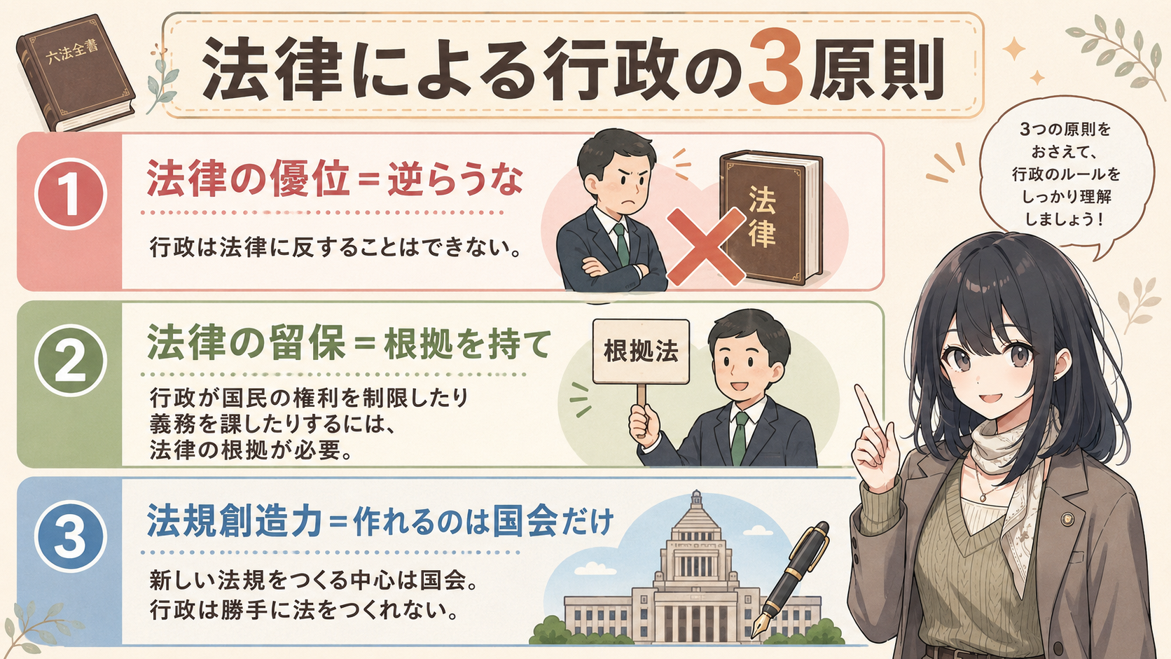 法律による行政の3原則。①法律の優位＝逆らうな（行政は法律に反することはできない）②法律の留保＝根拠を持て（権利制限・義務賦課には法律の根拠が必要）③法規創造力＝作れるのは国会だけ（行政は勝手に法をつくれない）