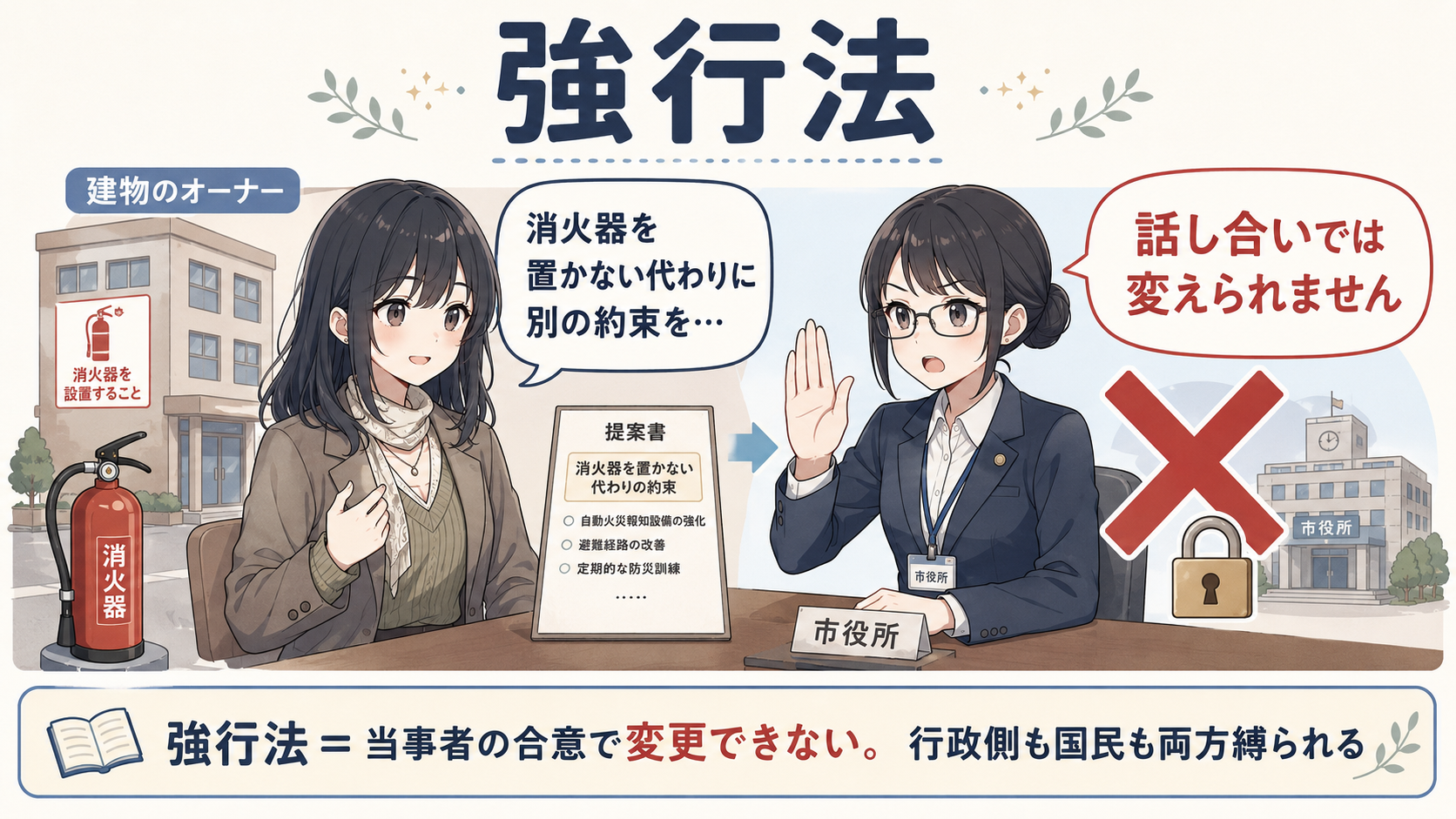 性質③強行法。建物のオーナーが『消火器を置かない代わりに別の約束を…』と提案しても、市役所は『話し合いでは変えられません』と拒否。強行法＝当事者の合意で変更できない。行政側も国民も両方縛られる