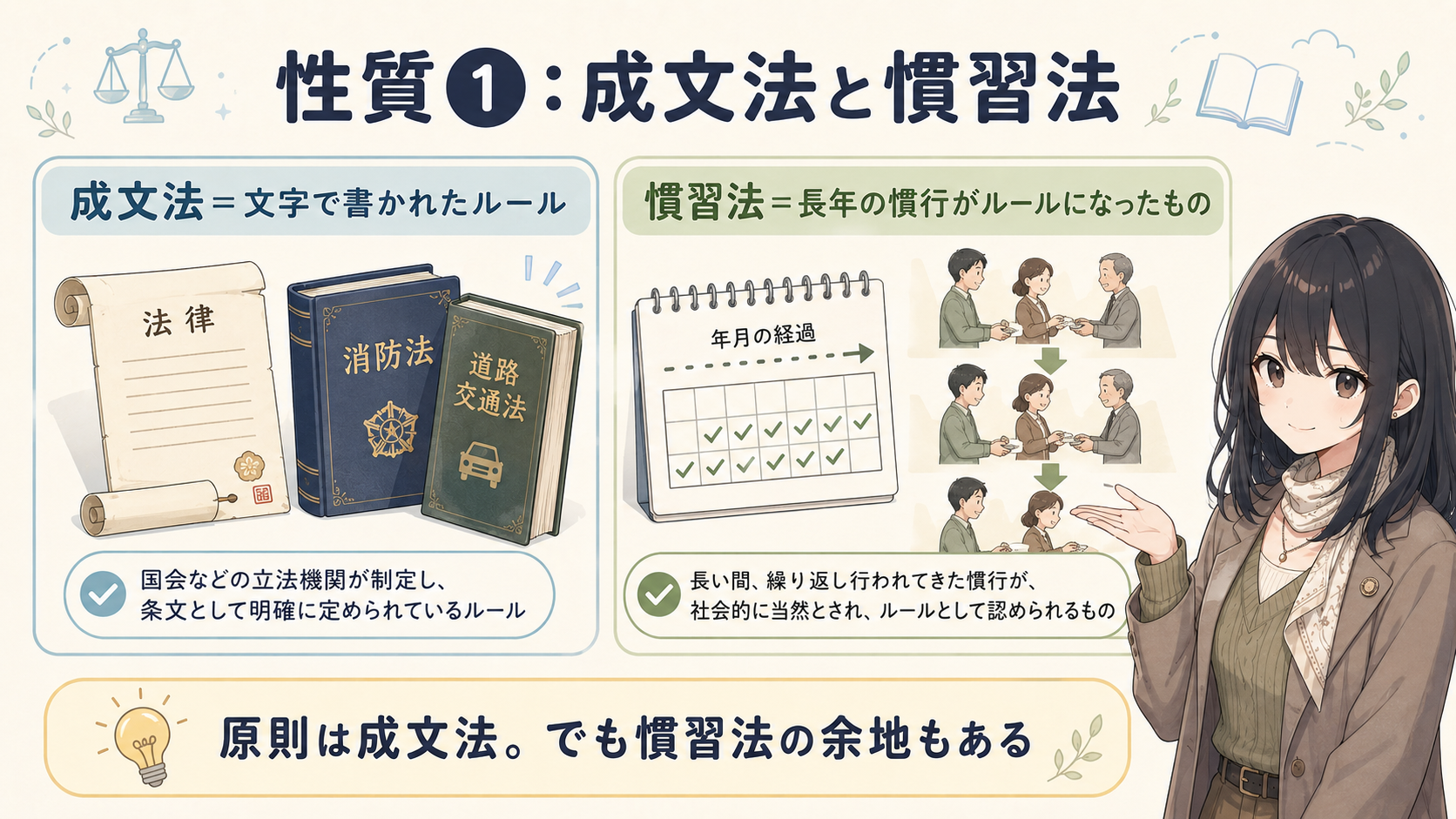 性質①成文法と慣習法。成文法＝文字で書かれたルール（法律・消防法・道路交通法）。慣習法＝長年の慣行がルールになったもの。原則は成文法、でも慣習法の余地もある