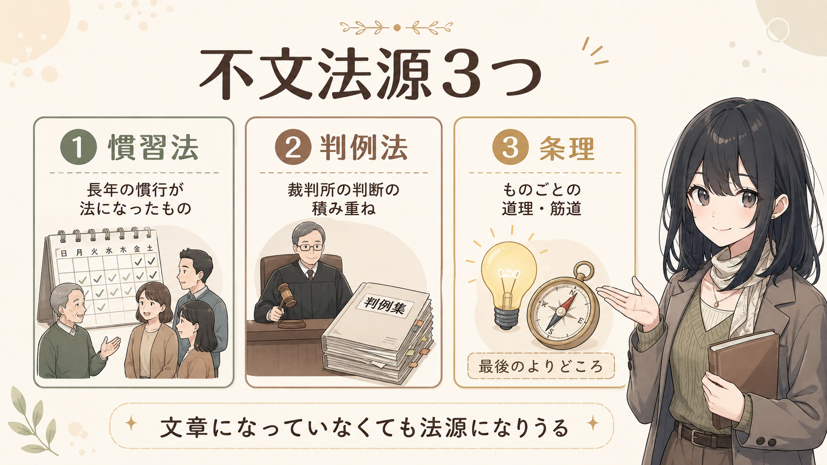 不文法源3つ。①慣習法＝長年の慣行が法になったもの ②判例法＝裁判所の判断の積み重ね ③条理＝ものごとの道理・筋道（最後のよりどころ）。文章になっていなくても法源になりうる
