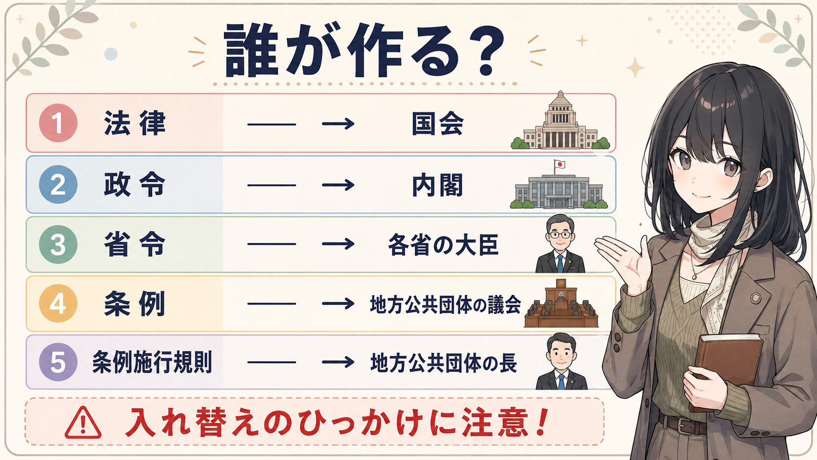 誰が作る？法律＝国会、政令＝内閣、省令＝各省の大臣、条例＝地方公共団体の議会、条例施行規則＝地方公共団体の長。入れ替えのひっかけに注意