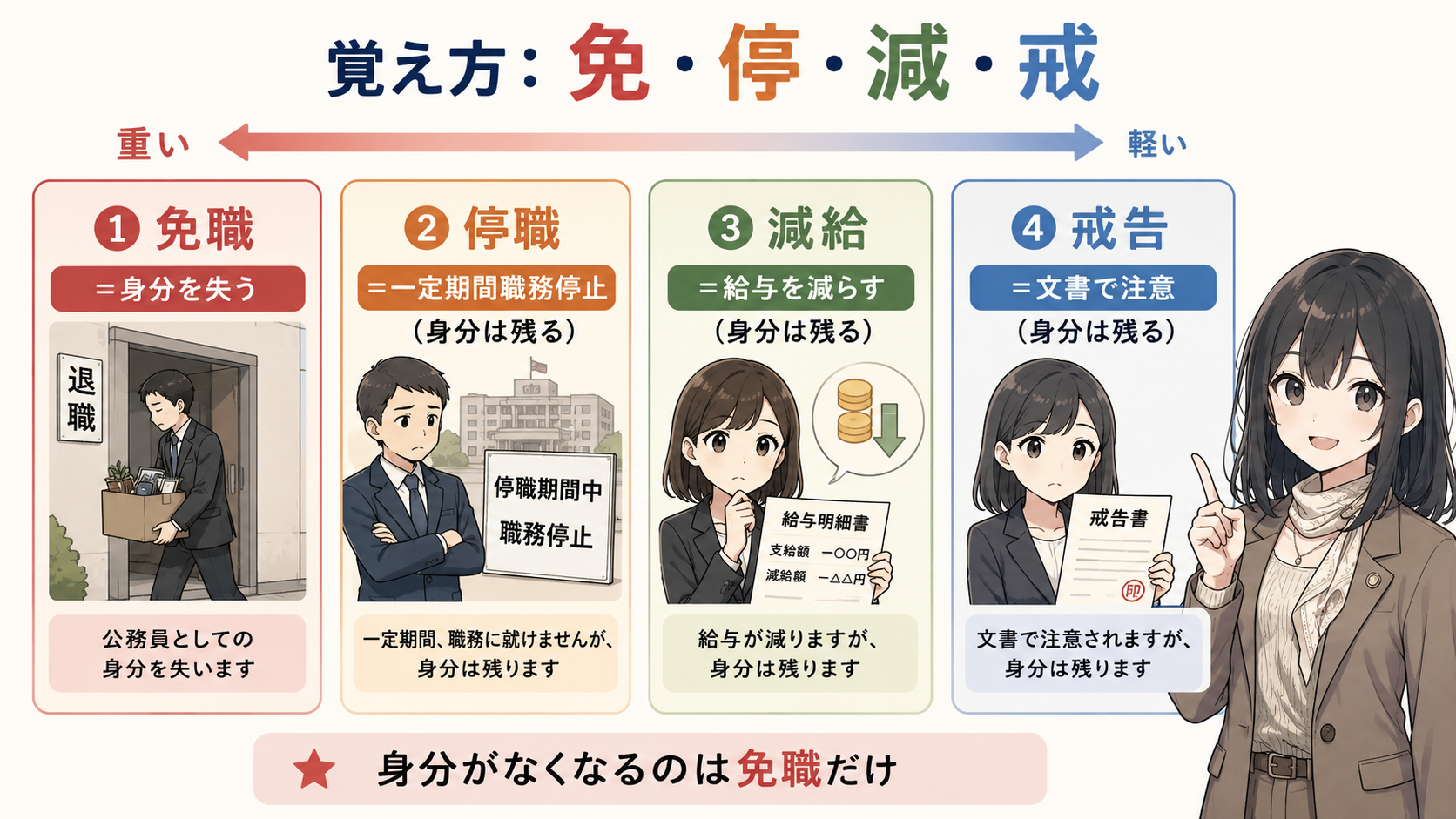 懲戒処分4種。重い順に①免職＝身分を失う ②停職＝一定期間職務停止（身分は残る）③減給＝給与を減らす（身分は残る）④戒告＝文書で注意（身分は残る）。身分がなくなるのは免職だけ