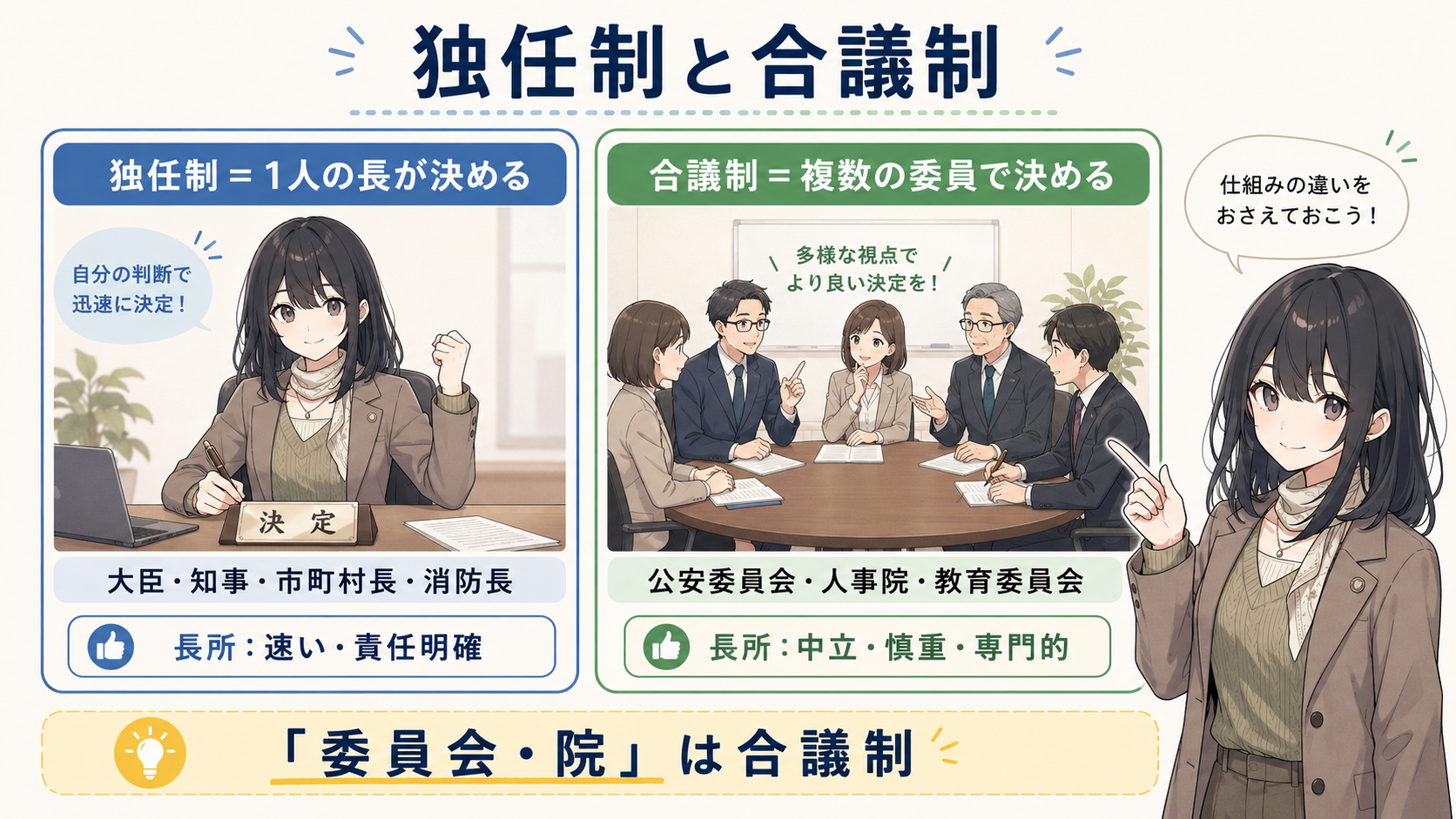 独任制＝1人の長が決める（大臣・知事・市町村長・消防長、長所は速い・責任明確）。合議制＝複数の委員で決める（公安委員会・人事院・教育委員会、長所は中立・慎重・専門的）。『委員会・院』は合議制