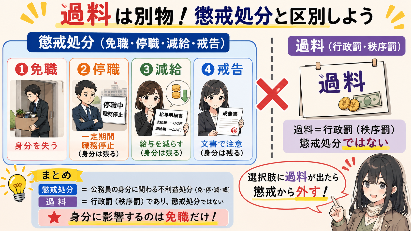 過料は別物！懲戒処分（免職・停職・減給・戒告）と過料（行政罰・秩序罰）は区別する。過料は懲戒処分ではない。選択肢に過料が出たら懲戒から外す