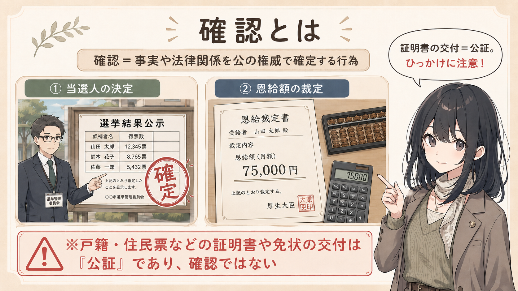 確認とは。確認＝事実や法律関係を公の権威で確定する行為。例：当選人の決定、恩給額の裁定。※戸籍・住民票などの証明書や免状の交付は『公証』であり、確認ではない